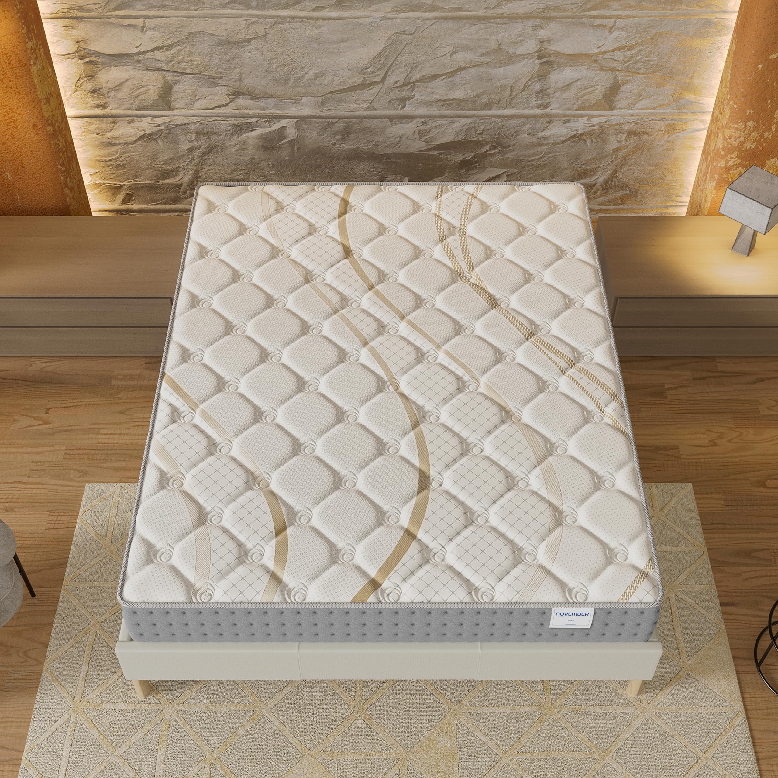 NOVEMBER- Ensemble Matelas + sommier (120 x 190cm)- Matelas Essem Ressorts ensachés & Mousse Haute Densité d’épaisseur 25cm + Sommier Bois Stable & Robuste revêtement Tissu Blanc