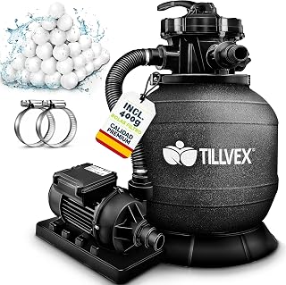 tillvex Depuradora de Agua para Piscina 7.900L/h + 400g Bolas de Filtro | 7 Funciones de Filtrado & Adaptador Ø32-38mm | Filtro de piscina con indicador de presión (Negro)