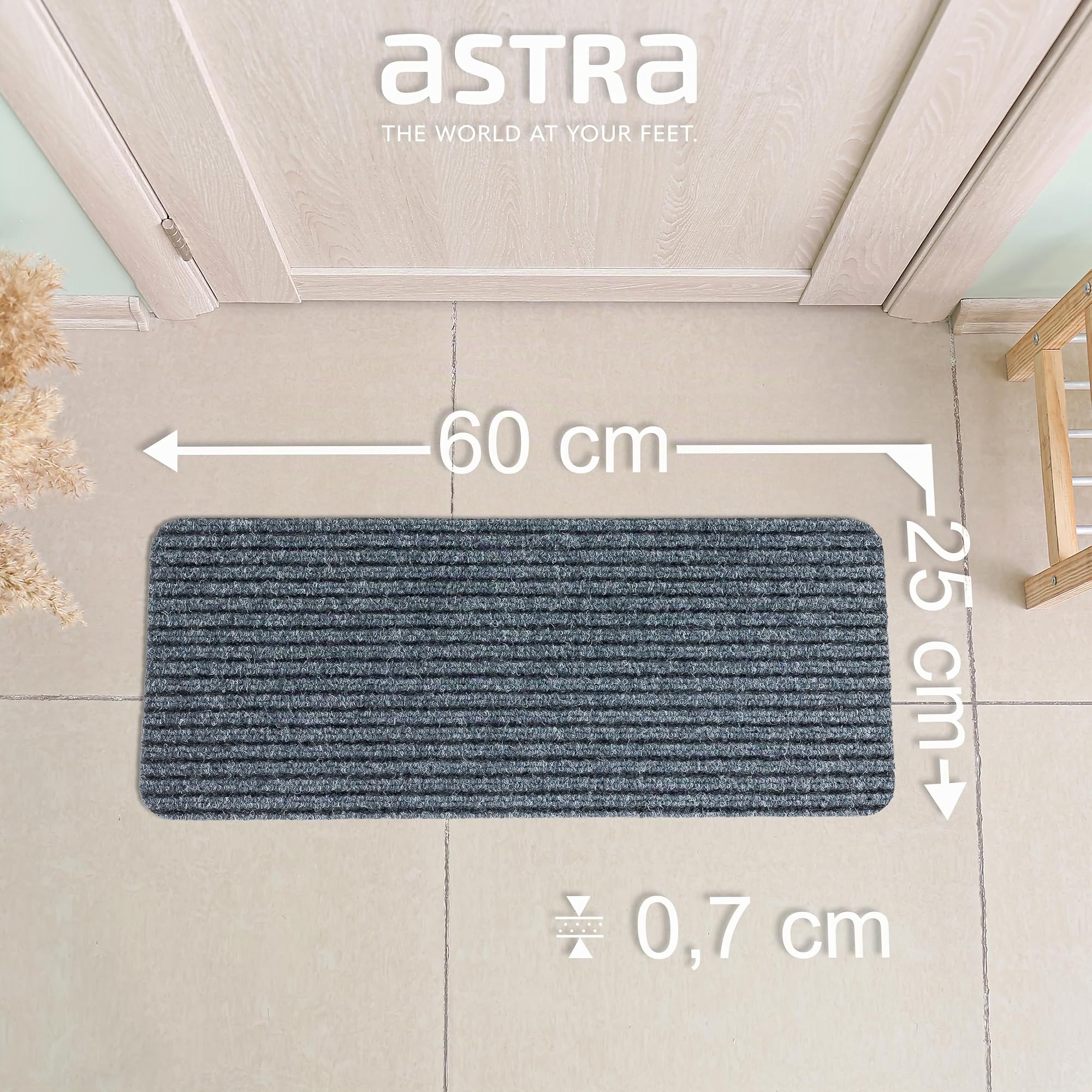 Astra Felpudo interior gris antideslizante, impermeable, resistente y antiestático, 25 x 60 cm, juego de 3 unidades