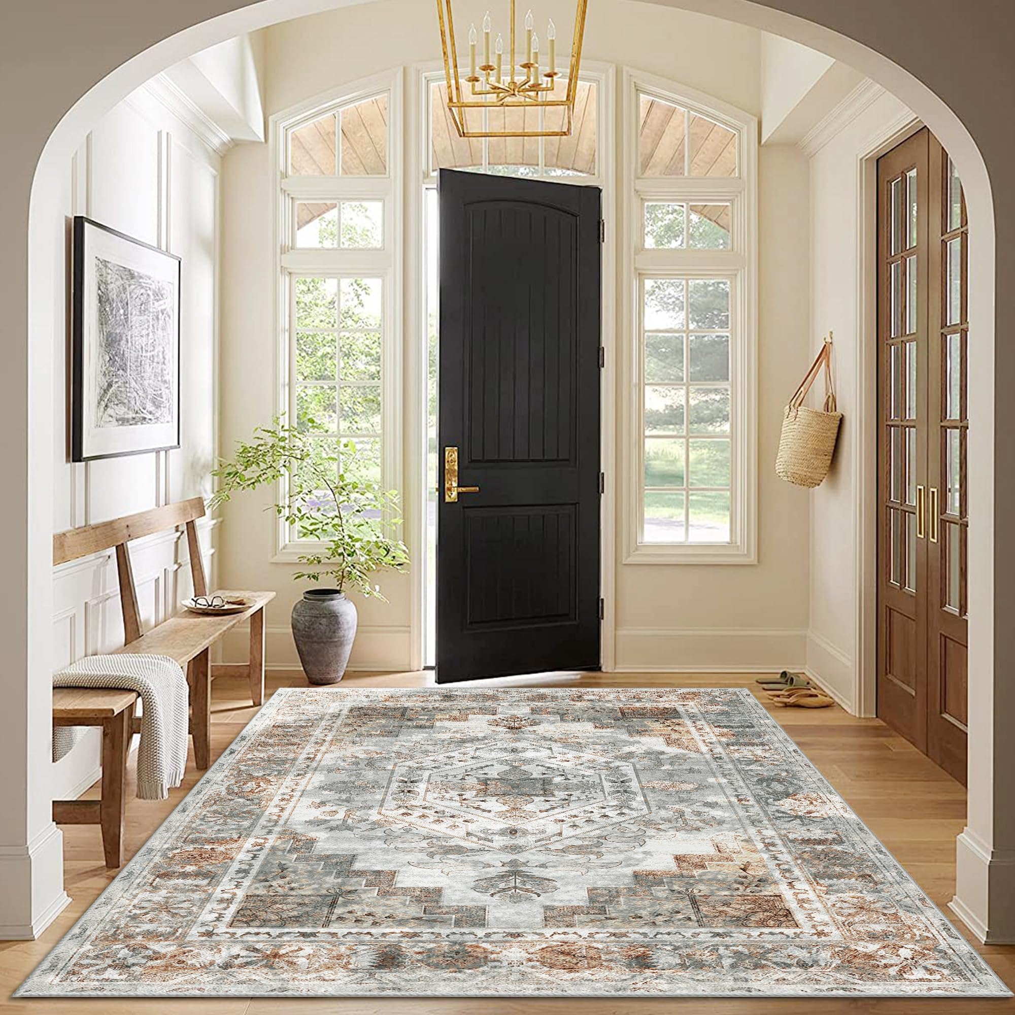 NICETOWN Thin Washable Vintage Area Rug - 8x10 Boho Non-Slip Entryway Rug Oriental Medallion Living Room Rug Entrance Mat Carpet for Kitchen Laundry Bathroom Bedroom, Grey