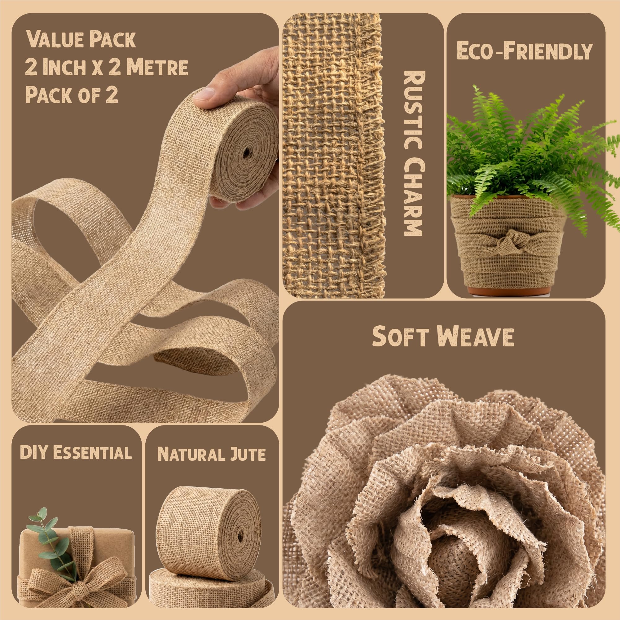 Lakeer Natural Jute Burlap Ribbon, 2 Inch x 2 Metre, Pack of 2, Soft Rustic Weave in Brown, for DIY Craft, Wedding Decor, Rakhi and Hampers 1