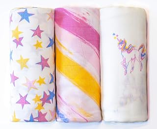 Unicorns, Rainbows and Stars 3-Pack Bamboo Muslin Swaddle Cloths
