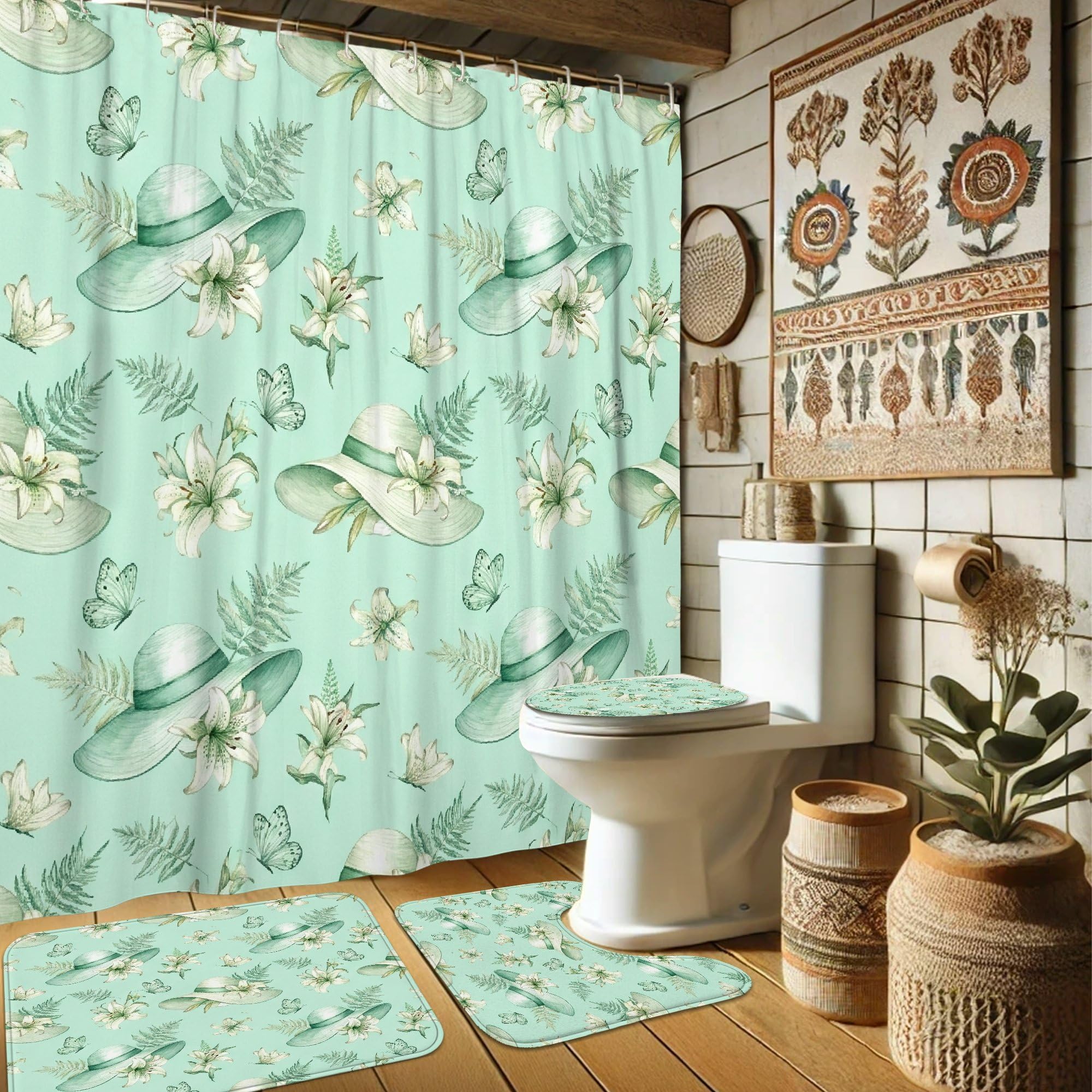 Rideau de douche menthe 183x183 cm avec tapis et bonnet motif lys