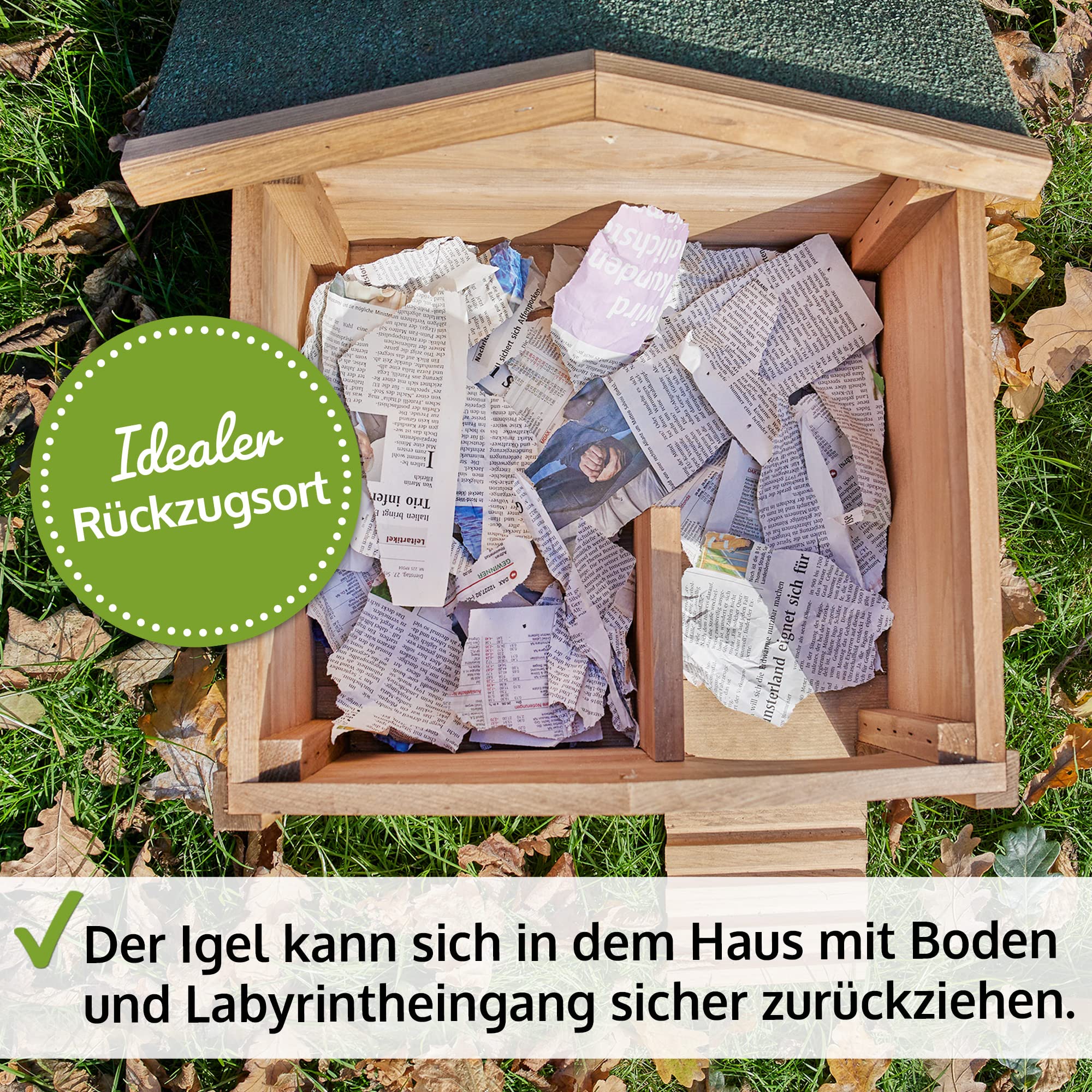 Hecht zooprinz winterfestes Igelhaus mit Boden und wetterfestem Dach - Igelfutterhaus - Igelhaus - Ganzjährig perfekt für den Igel Winterschlaf & als Nisthaus für die Igelfamilie - Igelhaus