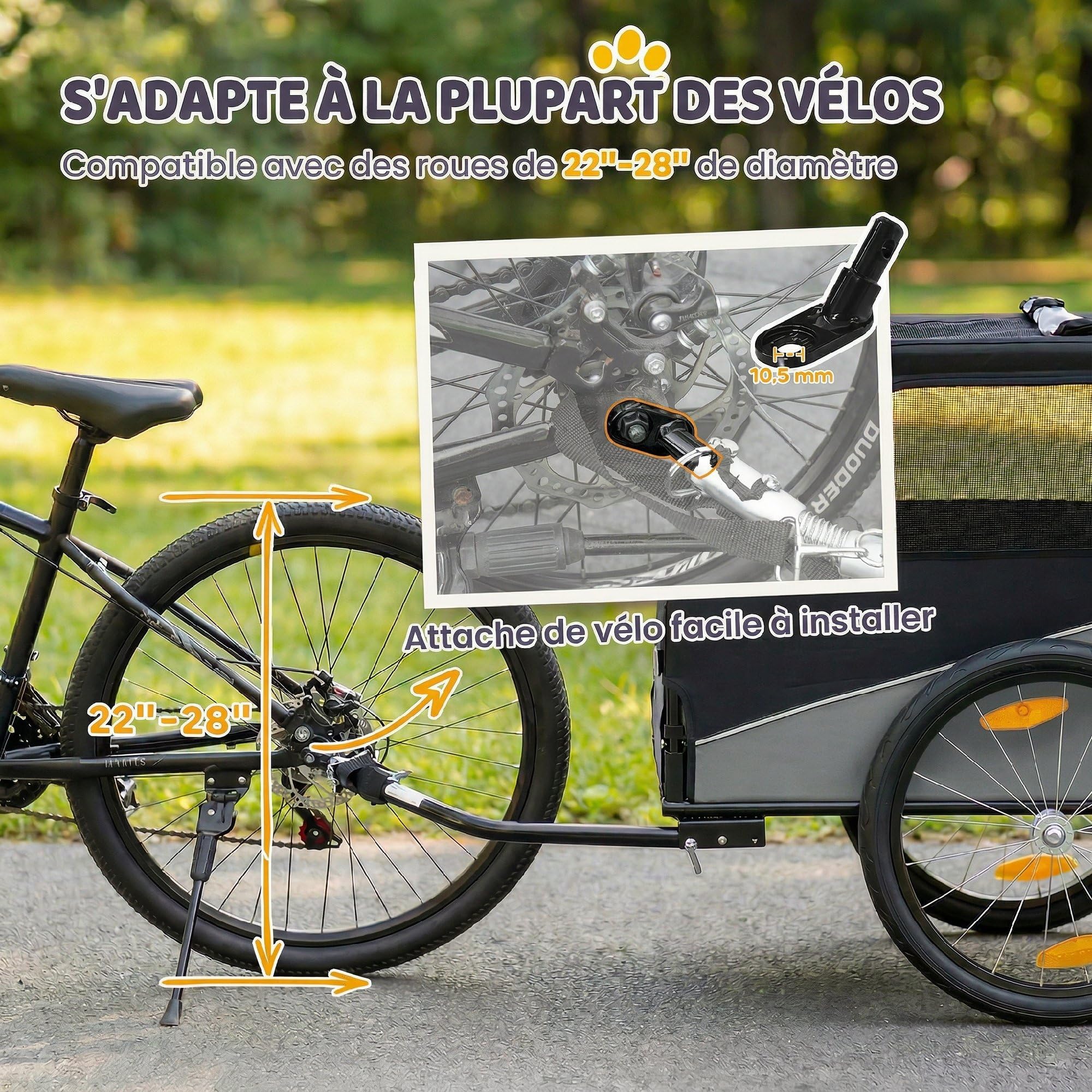 PawHut Remorque Vélo Chien avec Pneus 20" en Caoutchouc à Dégagement Rapide, Chariot pour Chien Moyen avec Attache Universelle, Réflecteurs, Drapeau, Laisse, Charge 20 kg, Gris et Noir