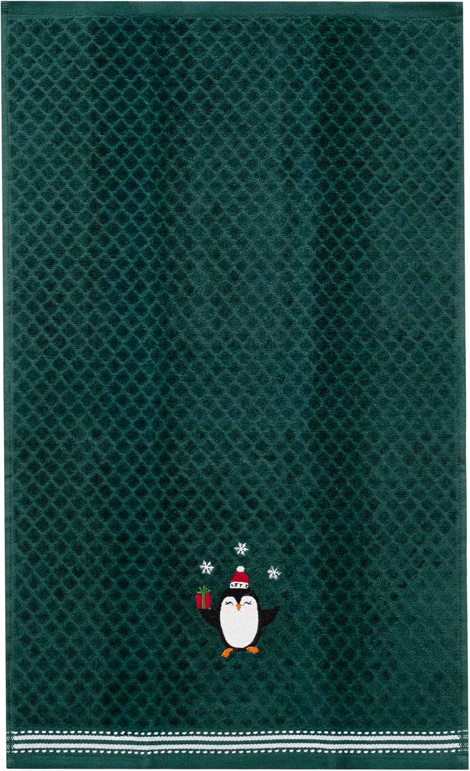 Ritz Holiday Hand Towels 2 Pack - Penguin Embroidered Velour Finger Towels, 100% Cotton, Festive Green Diamond Grid Holiday Bathroom Decor