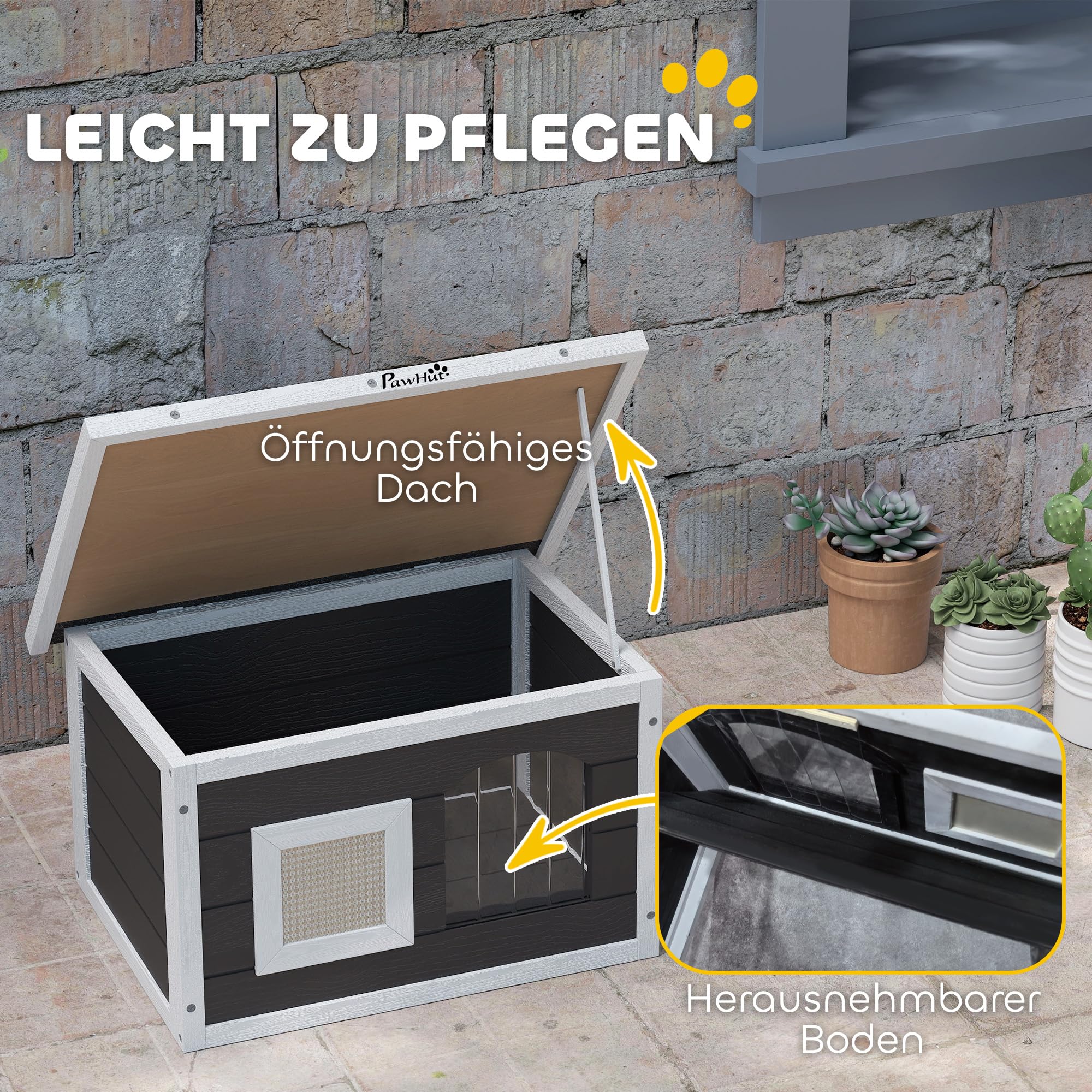 PawHut Casetta per gatti in legno, impermeabile, con tetto pieghevole per asfalto, tappetino estraibile, per gatti, per esterni, giardino, 61 x 45 x 36,5 cm, grigio