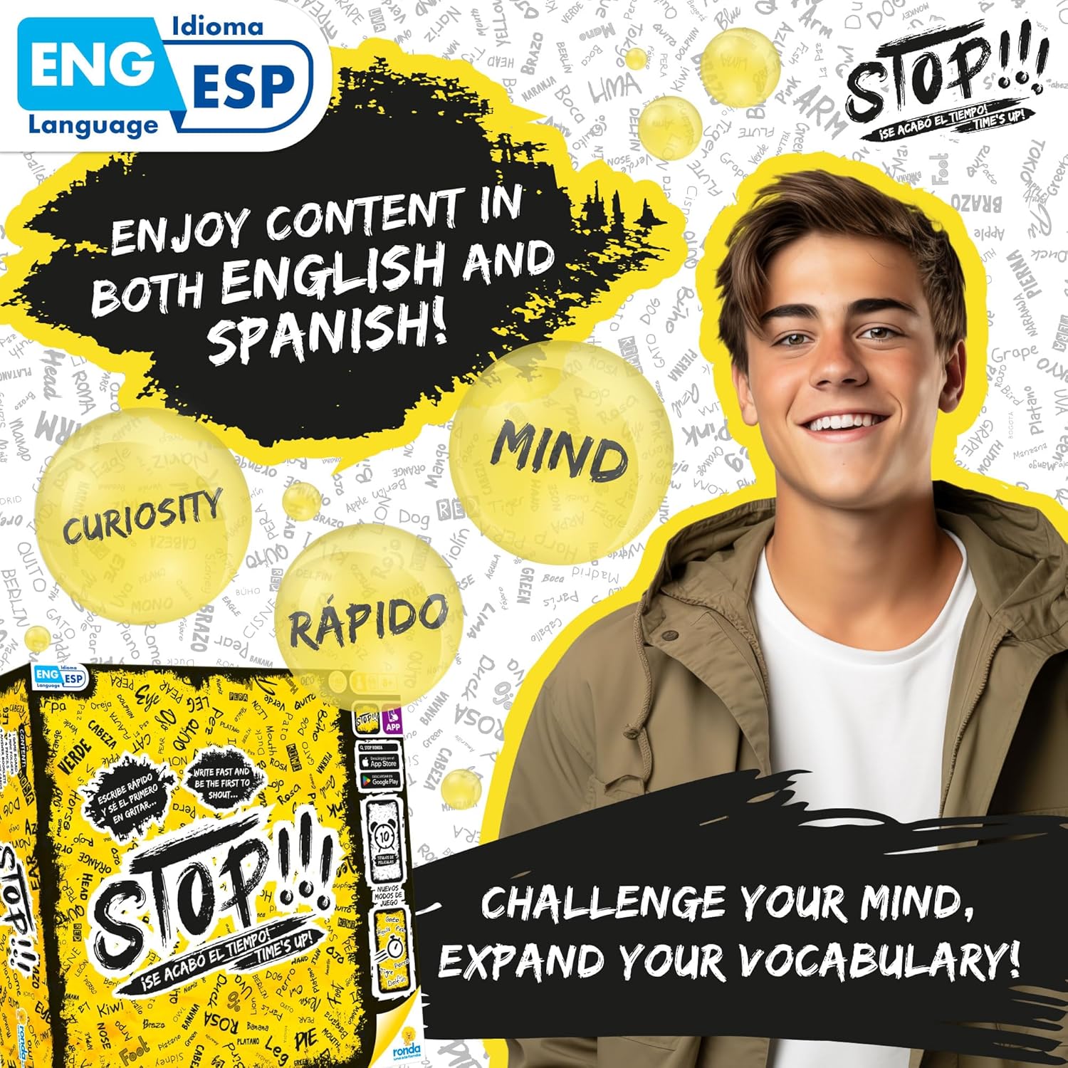 RONDA Family Game Bundle: Stop Board Game and Tangled Twister-Style Game, Includes Boards, Cards, Spinner, Play Mat, Pencils and Timer, Perfect for Family Nights, Parties and Gatherings