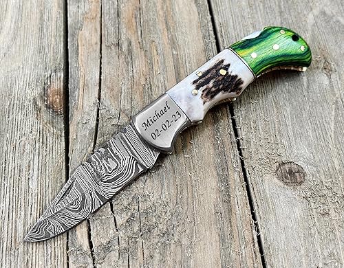 Miniatura 4 de Cuchillo plegable de bolsillo de acero de Damasco grabado personalizado, regalo personalizado para marido, papá, novio, regalos de padrinos de boda,