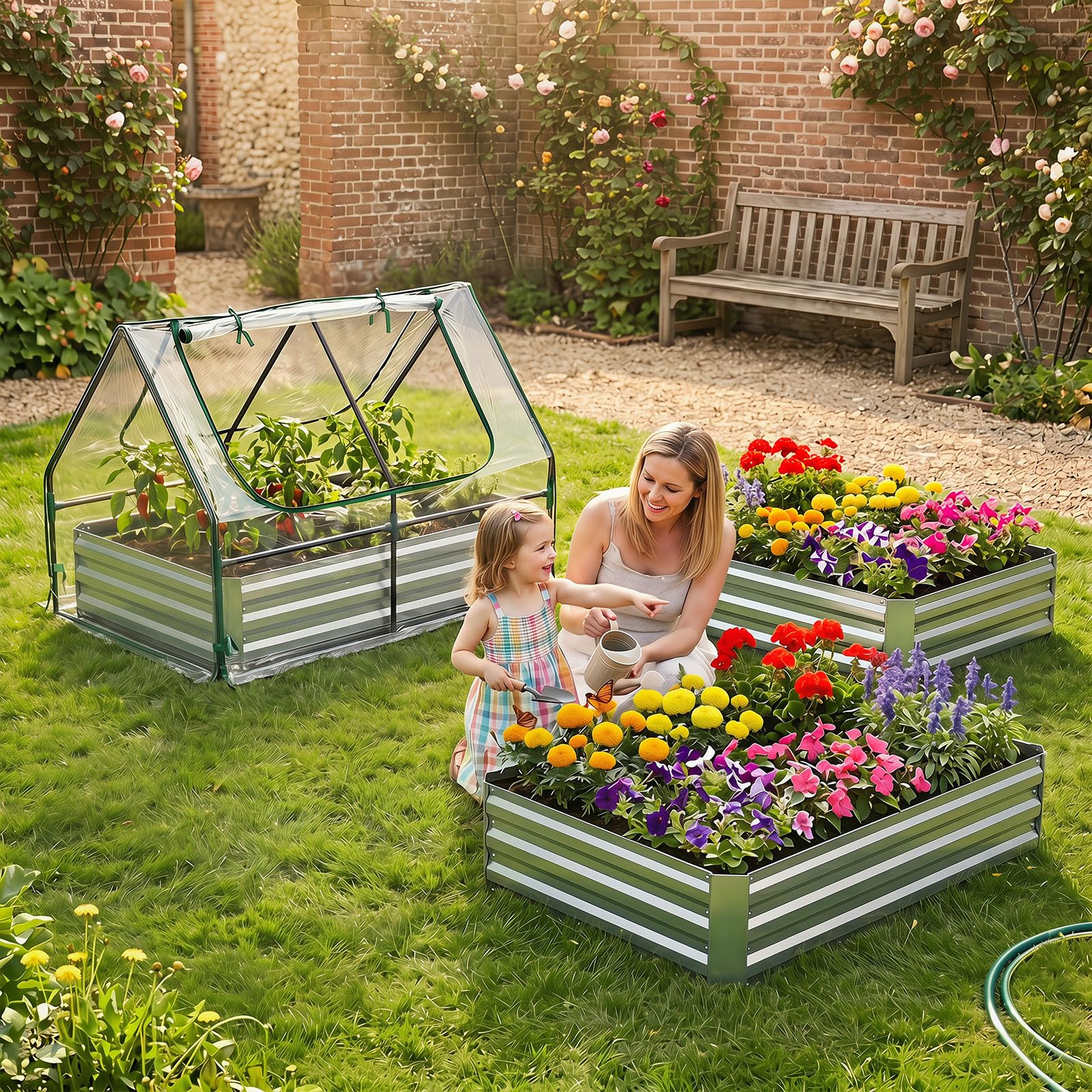 COSTWAY Cama de Jardín Elevada con Mini Invernadero, Huerto Urbano Terraza de Metal Galvanizado con Base Abierta y 2 Ventanas Enrollables, Jardinera Exterior para Flores Verduras Patio Balcón