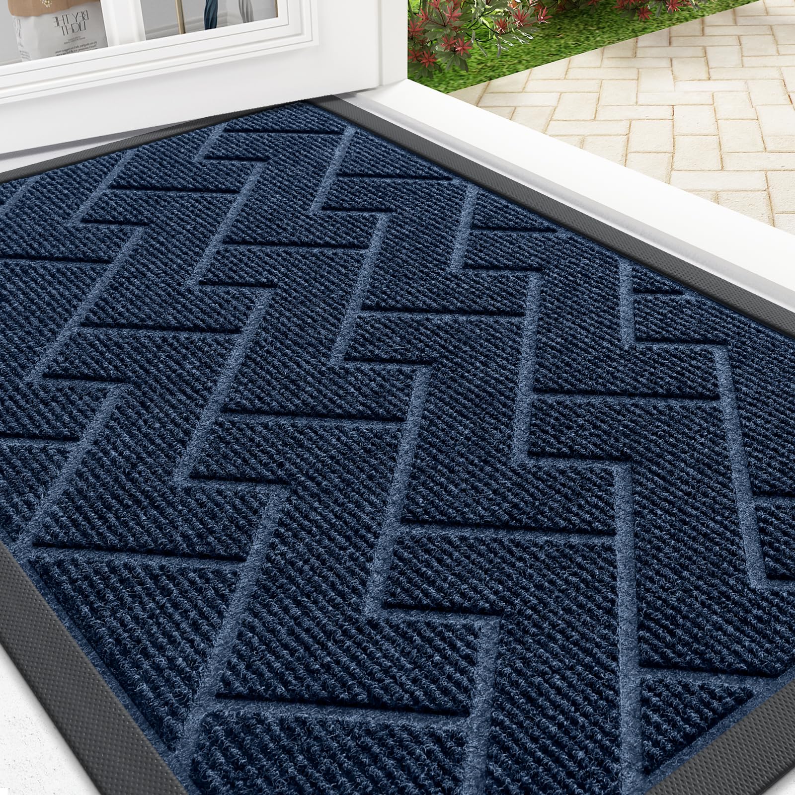 OLANLY Front Door Mat Outside 29.5x17, All-Season Absorbent Rubber Doormat | Blue, Heavy-Duty, Stain and Fade Resistant, Waterproof Non-Slip Backing, Low-Profile Indoor Outdoor Floor Mat for Entryway