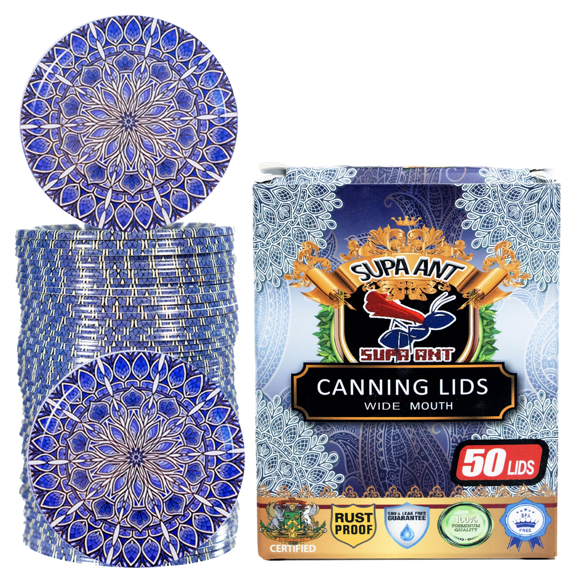 Supa Ant Thickest Canning Lids Wide Mouth (50 Pcs.) Food Grade Tin Can Lids for Canned Food -Buckle Proof & Rust Proof Lid for Canning Kit for Wide