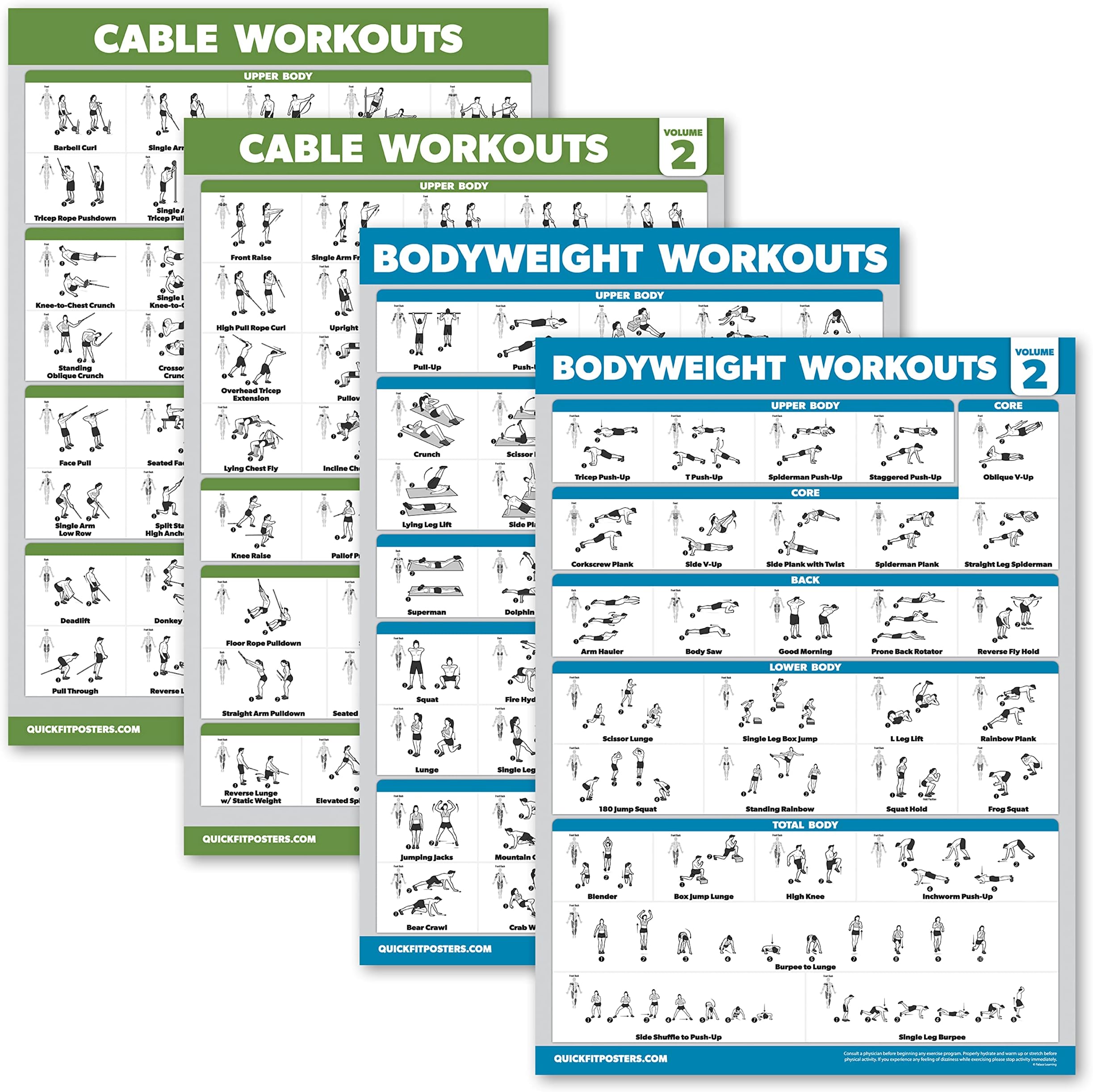 4 Pack - Cable Machine Workout Posters Volume 1 & 2 + Bodyweight Exercises Chart Volume 1 & 2 (LAMINATED, 18" x 24")