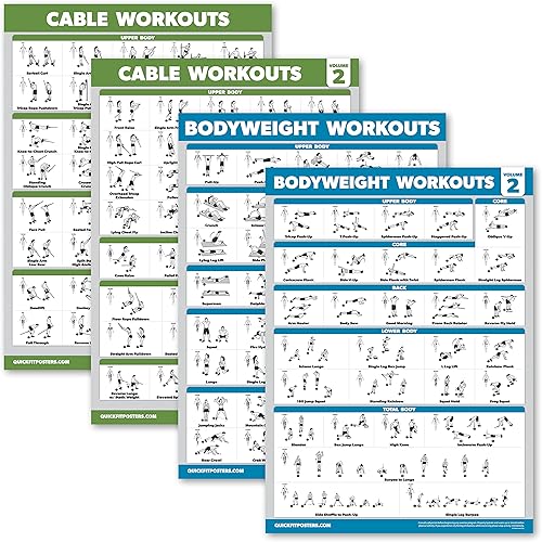 Paquete de 4 pósteres de entrenamiento de máquina de cable volumen 1 y 2 + tabla de ejercicios de peso corporal Volumen 1 y 2 (laminado, 18 x 24 disponible en Yaxa Costa Rica
