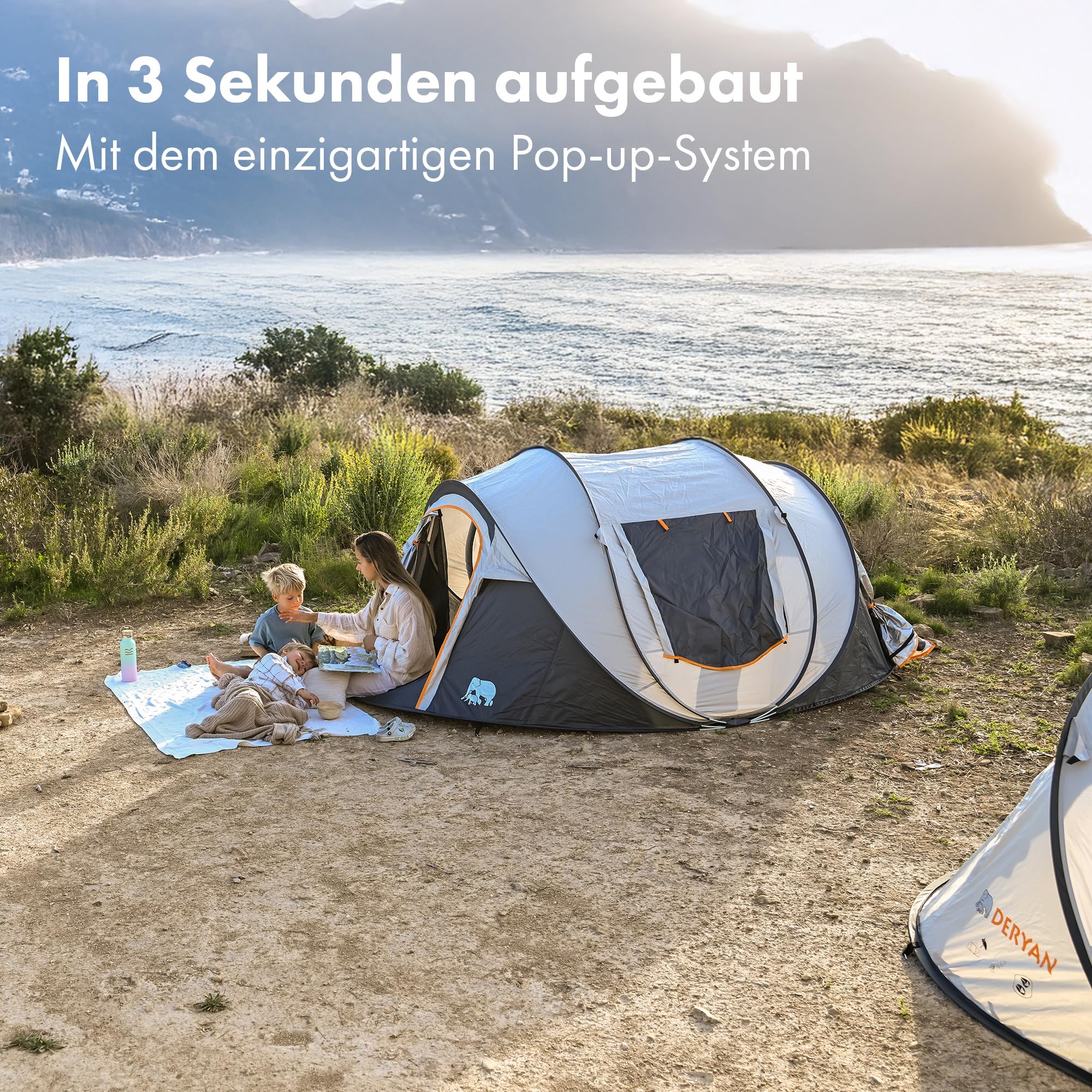 deryan 4p pop up tent for 4 persons, waterproof up to 2000 mm with taped seams and extra thick groundsheet, sets up and folds in 2 seconds, includes bungee cords and pegs spring-sale-2025 Colour:Khaki 7 x 9mm Klemmung