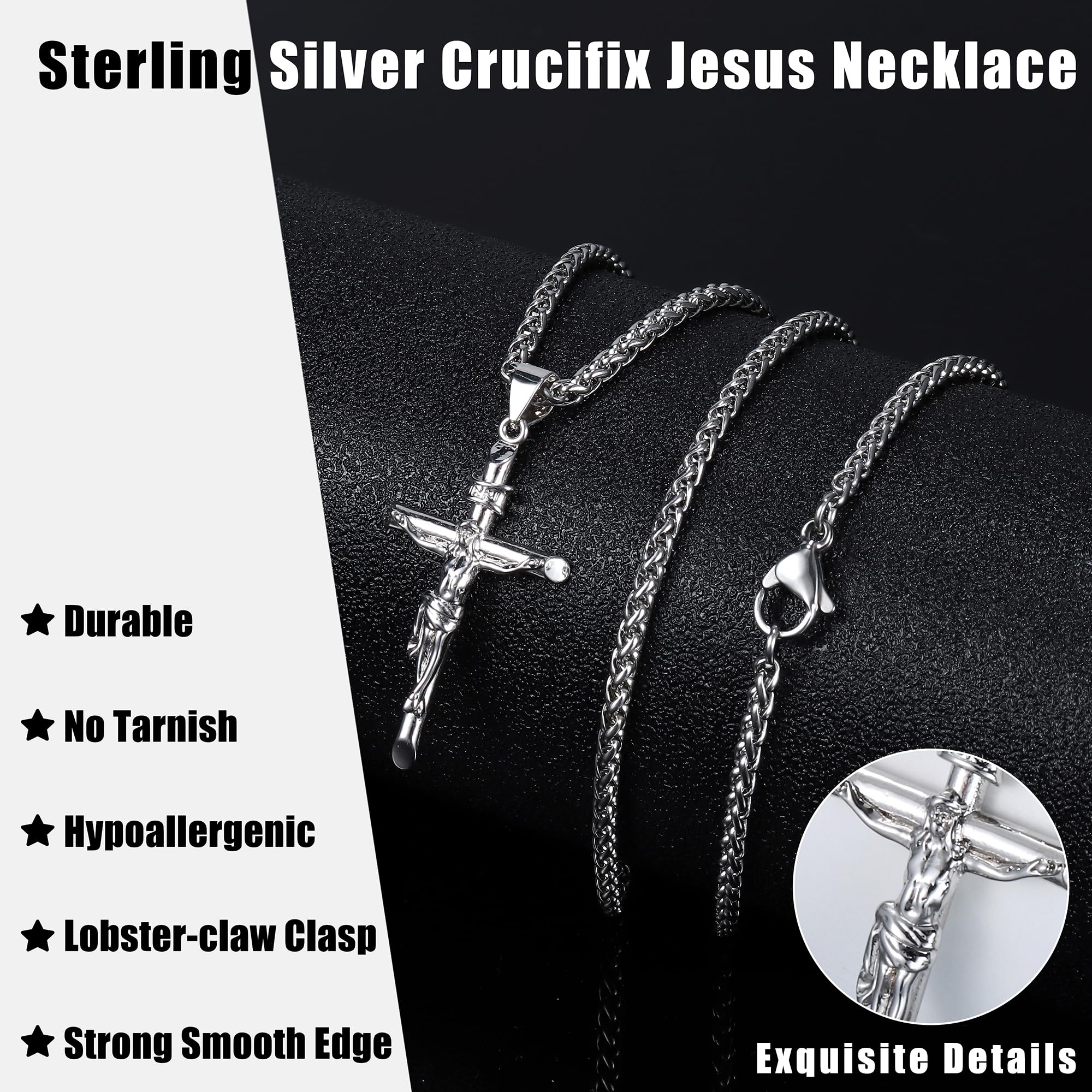 WBDWWTD YZCIS Sterlingsilber-Kruzifix-Halskette für Männer und Frauen – Herren-Kruzifix-Anhänger-Halskette aus Silber mit Edelstahl-Seilkette, katholische Taufe, Jesus-Kreuz-Halskette, Schmuck,