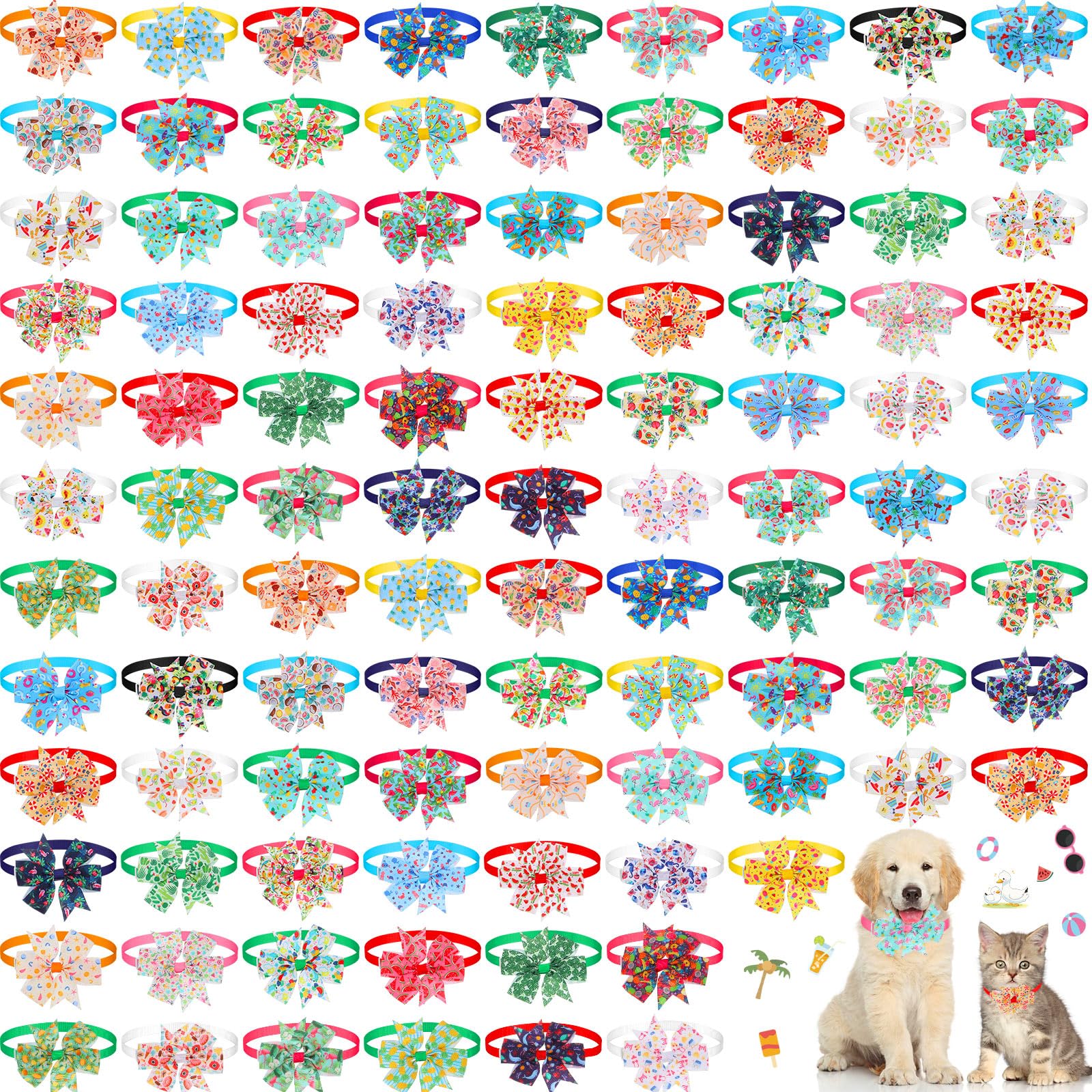 100 Pcs Dog Bow Ties Bulk Summer Theme Hawaiian Adjustable Dog Collars with Bow Summer Puppy Bows Seasonal Pet Dog Accessories for Small Medium Dogs Cat Grooming Supplies