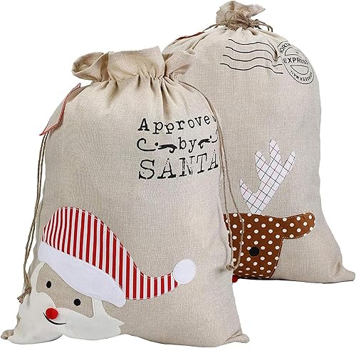 Sacos de Navidad de Papá Noel, 2 unidades, bolsas de lona personalizadas de reno de Papá Noel con cordón para suministros de fiesta de Navidad,