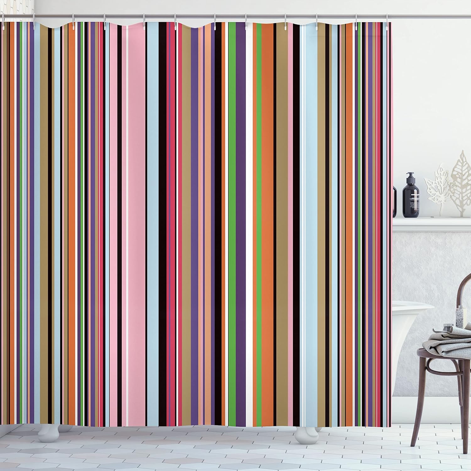 Ambesonne Abstract Shower Curtain, Barcode Lines Like Stripes Vertical Pattern Funky Modern Tile Illustration, Cloth Fabric Bathroom Decor Set with Hooks, 69" W x 70" L, Pink Pink