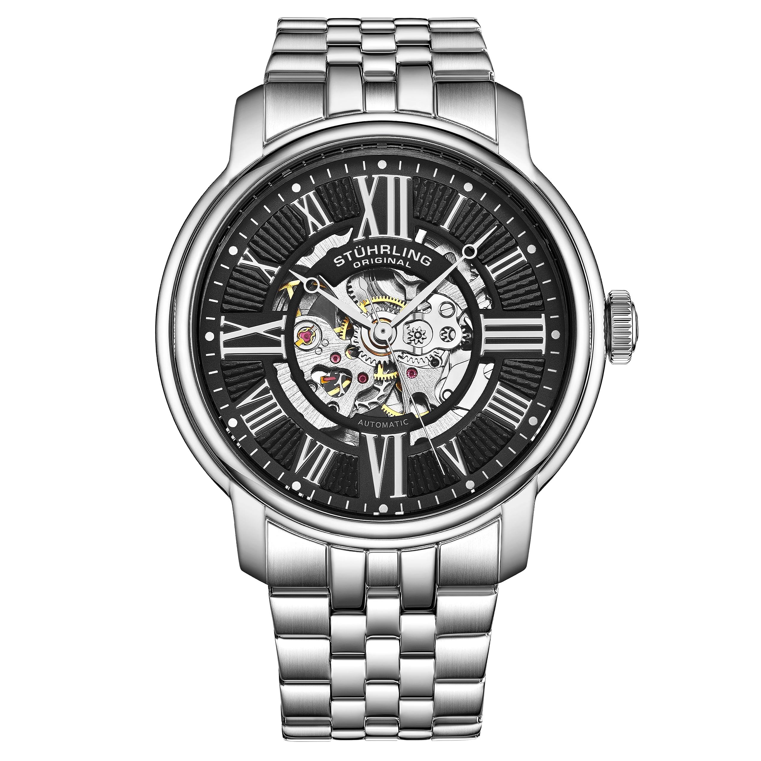 Stuhrling Atrium Men's Automatic Skeleton Watch Silver Dial Stainless Steel Bracelet Roman Numeral Markers, and Exhibition Case Back