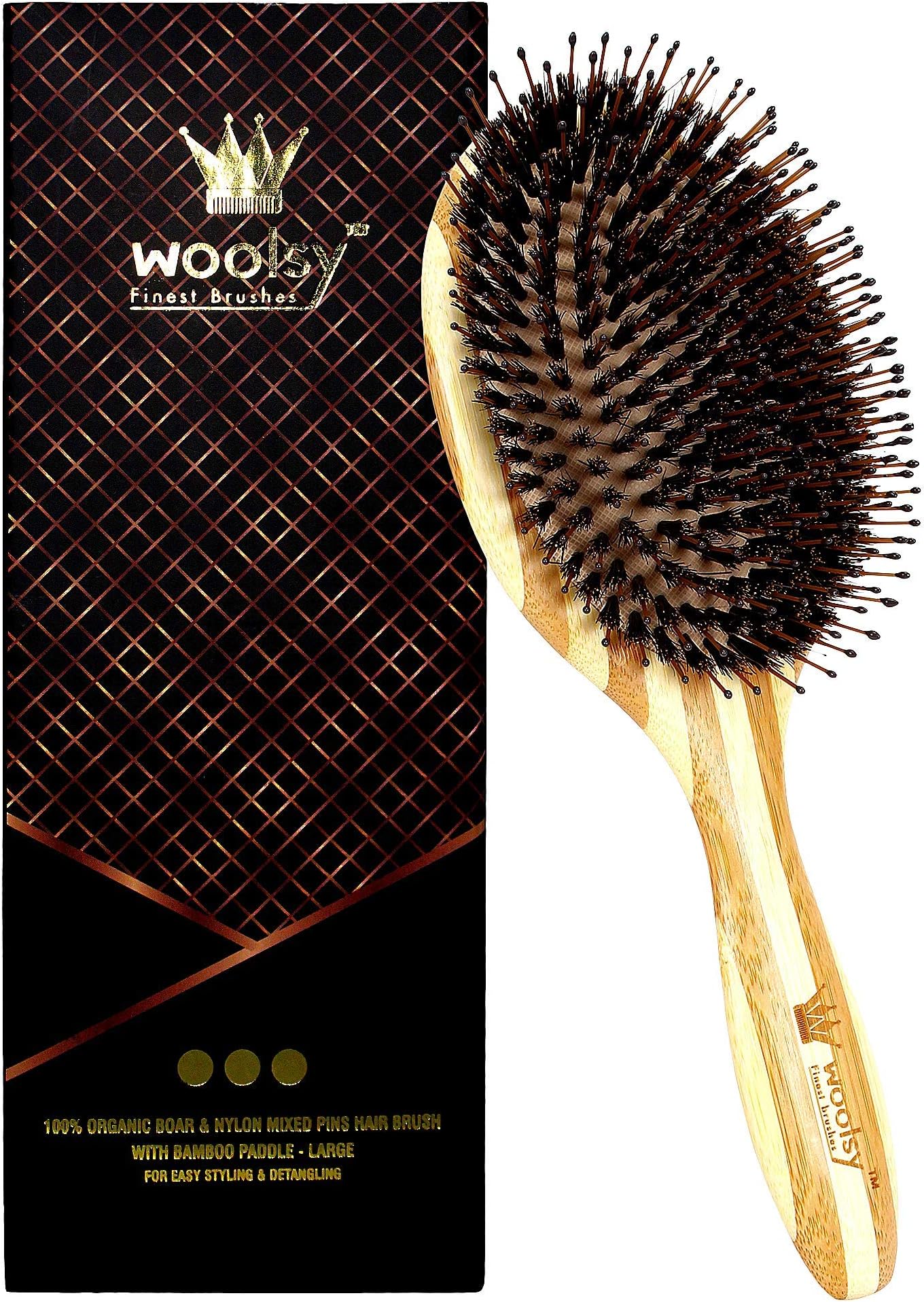 Woolsy Premium Collection Boar Bristles Mixed with Nylon Pins Hair Brush - Large Oval Cushion & Natural Bamboo Paddle - For All Hair Types - Easy Styling & Detangling