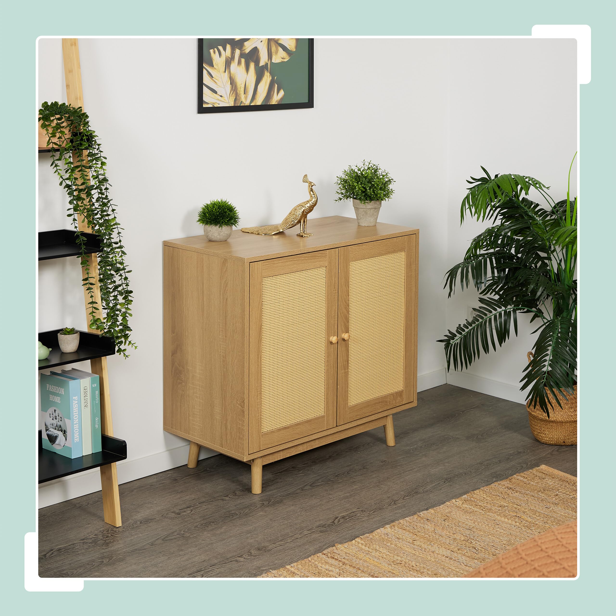 Relaxdays Aparador, 2 Compartimentos, Efecto Ratán y Madera, 75 x 80 x 40 cm, Armario Auxiliar Cocina, Salón, Natural
