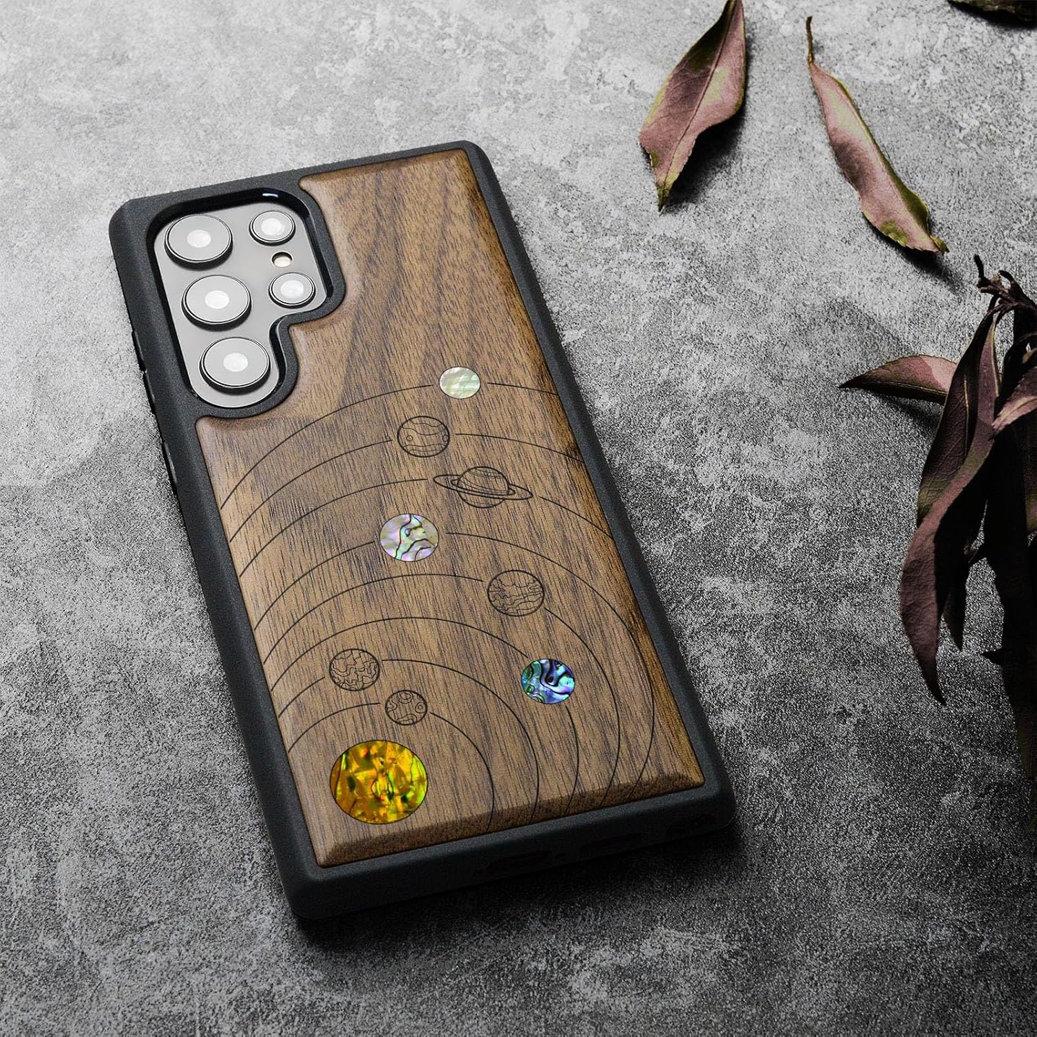 Carveit Designer Wooden Case for Samsung Galaxy S24 Ultra Case [Wood Engraving & Shell Inlay] Compatible with Wireless Chargers S24 Ultra Cover (Solar System-Walnut)