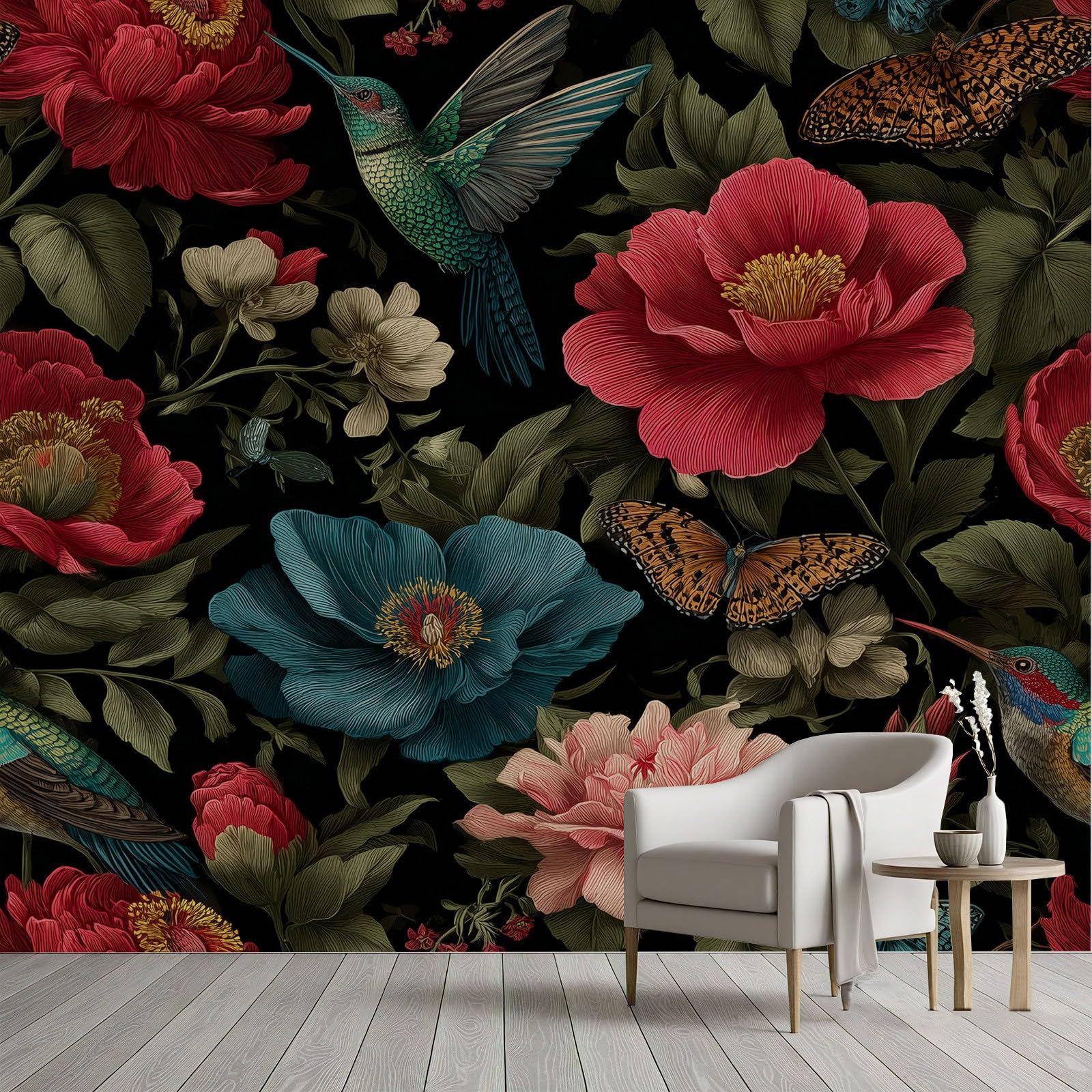 Papier peint panoramique fleurs et colibris pour créer une ambiance nature dans la chambre