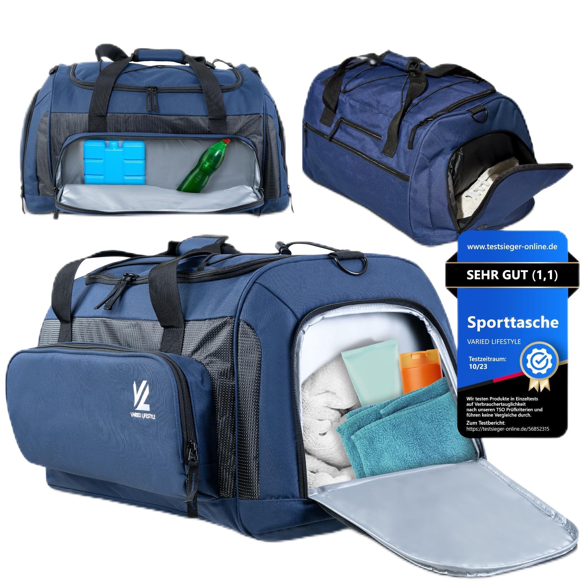 VL® Sporttasche Groß mit Schuhfach, Nassfach & [Isoliertes Kühlfach] Saunatasche & Reisetasche für Damen & Herren Gym Bag, Gym Tasche, Fitnesstasche, Trainingstasche, Schwimmtasche XL 70L Blau-Schwarz