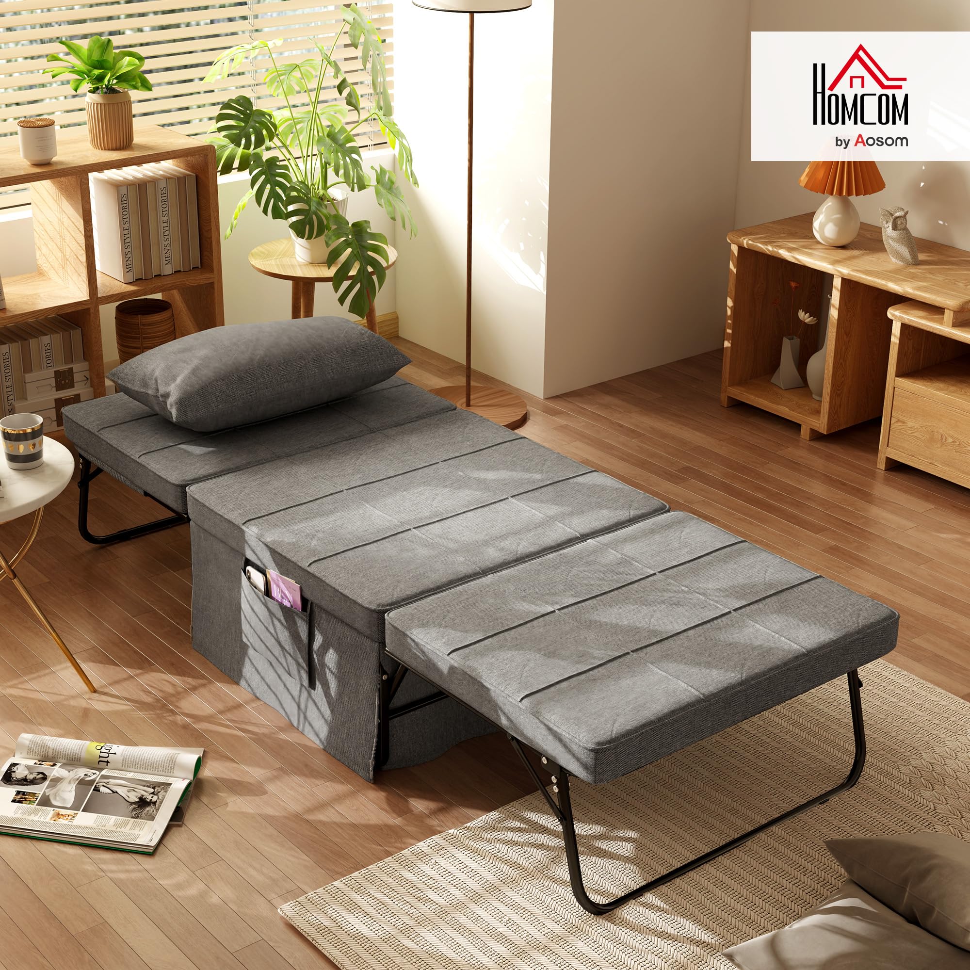 HOMCOM Pouf Letto Pieghevole Multiuso 4 in 1, Brandina Chaise Longue Salvaspazio con Schienale Reclinabile a 5 Livelli, Grigio