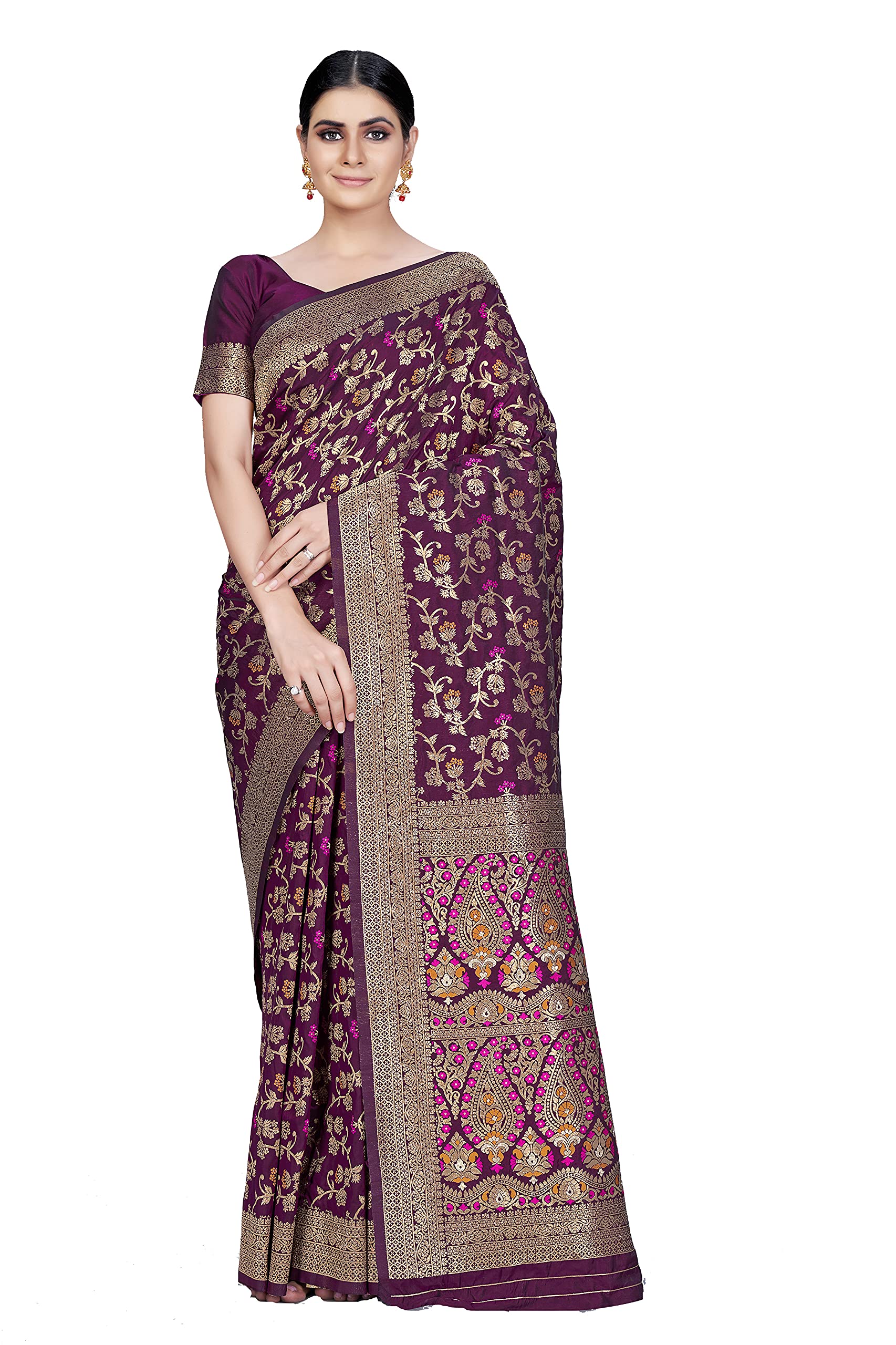Monjolika FashionWomen's Banarasi Silk blend Woven Saree With Unstitched Blouse Piece(4007_color)