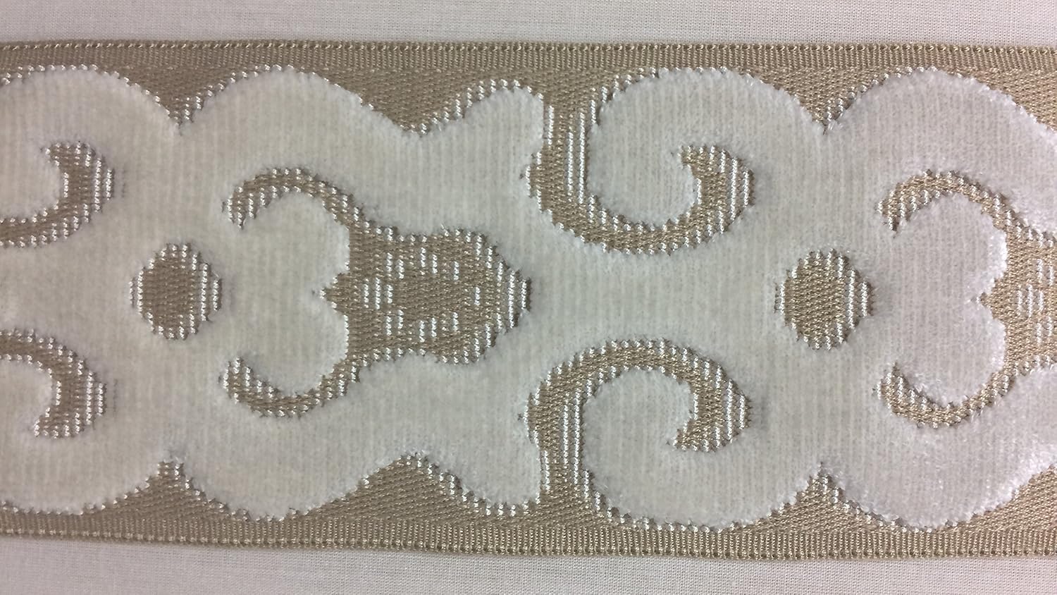 3.5" Woven Trim Tape with Velvet Embroidery H-1109/4 Cream, Navy Blue & French Blue Sold by The Yard Upholstery/Drapery
