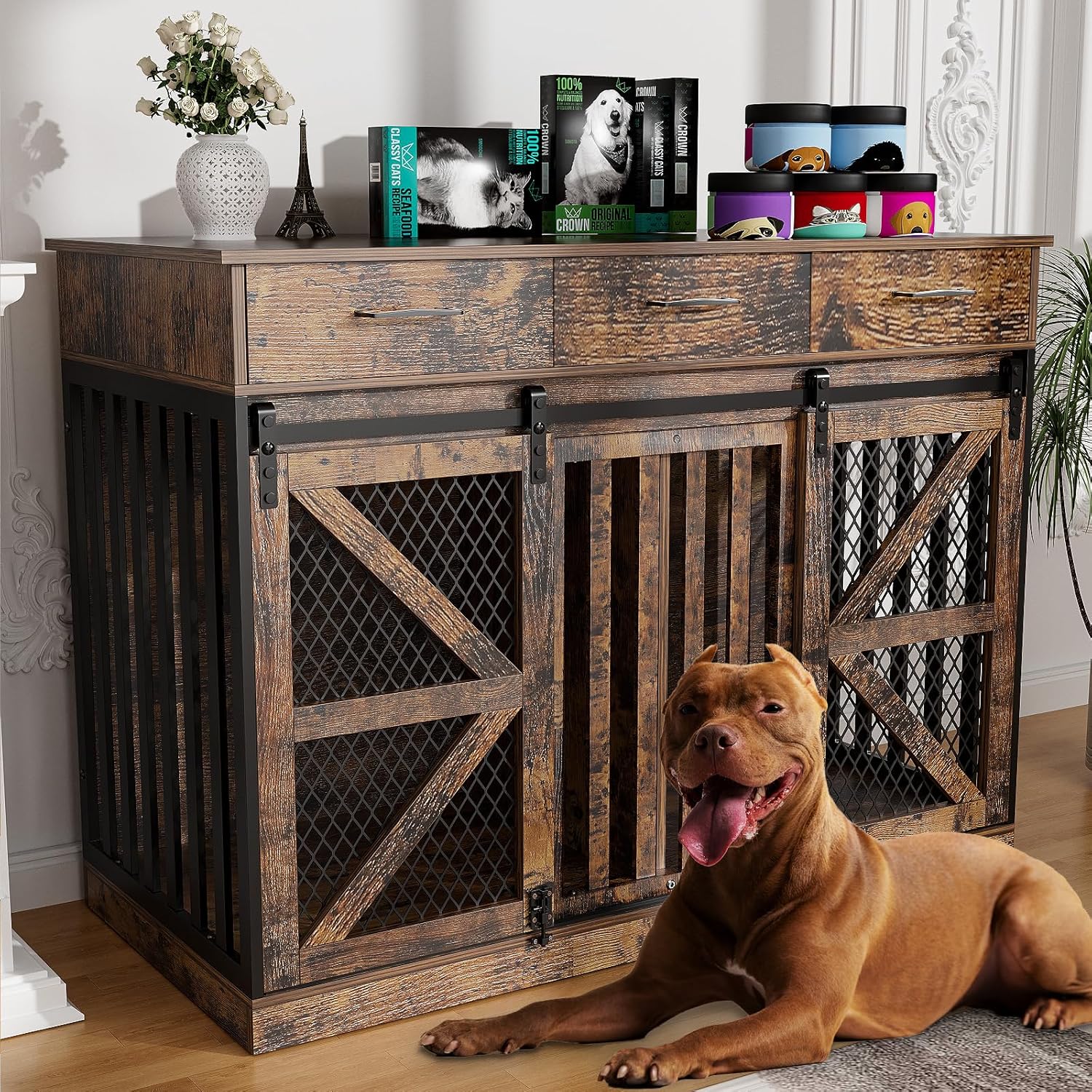 48” Dog Crate Furniture with Removable Divider & Storage Drawers, Wooden Double Dog Cage TV Stand with 2 Sliding Barn Doors, Multi-Functional Dog Crate End Table for Indoor use (Retro Brown) 48” Dog Crate Furniture with Removable Divider & Storage Drawers, Wooden Double Dog Cage TV Stand with 2 Sliding Barn Doors, Multi-Functional Dog Crate End Table for Indoor use (Retro Brown)