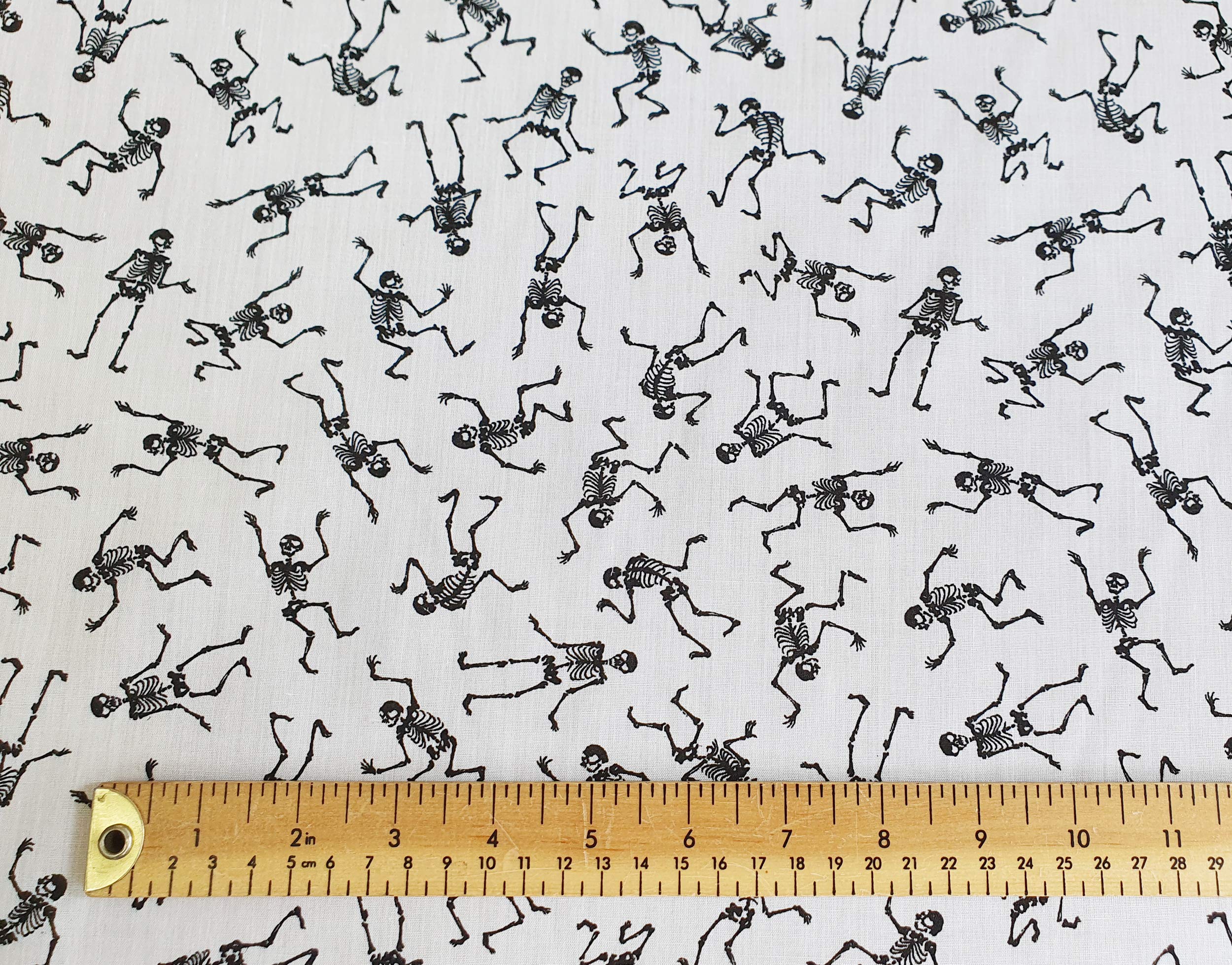 Oddies Textile Halloween Craft Fabric White with Black Skeletons Print - Craft Fabric Material Polycotton - 1 METRE