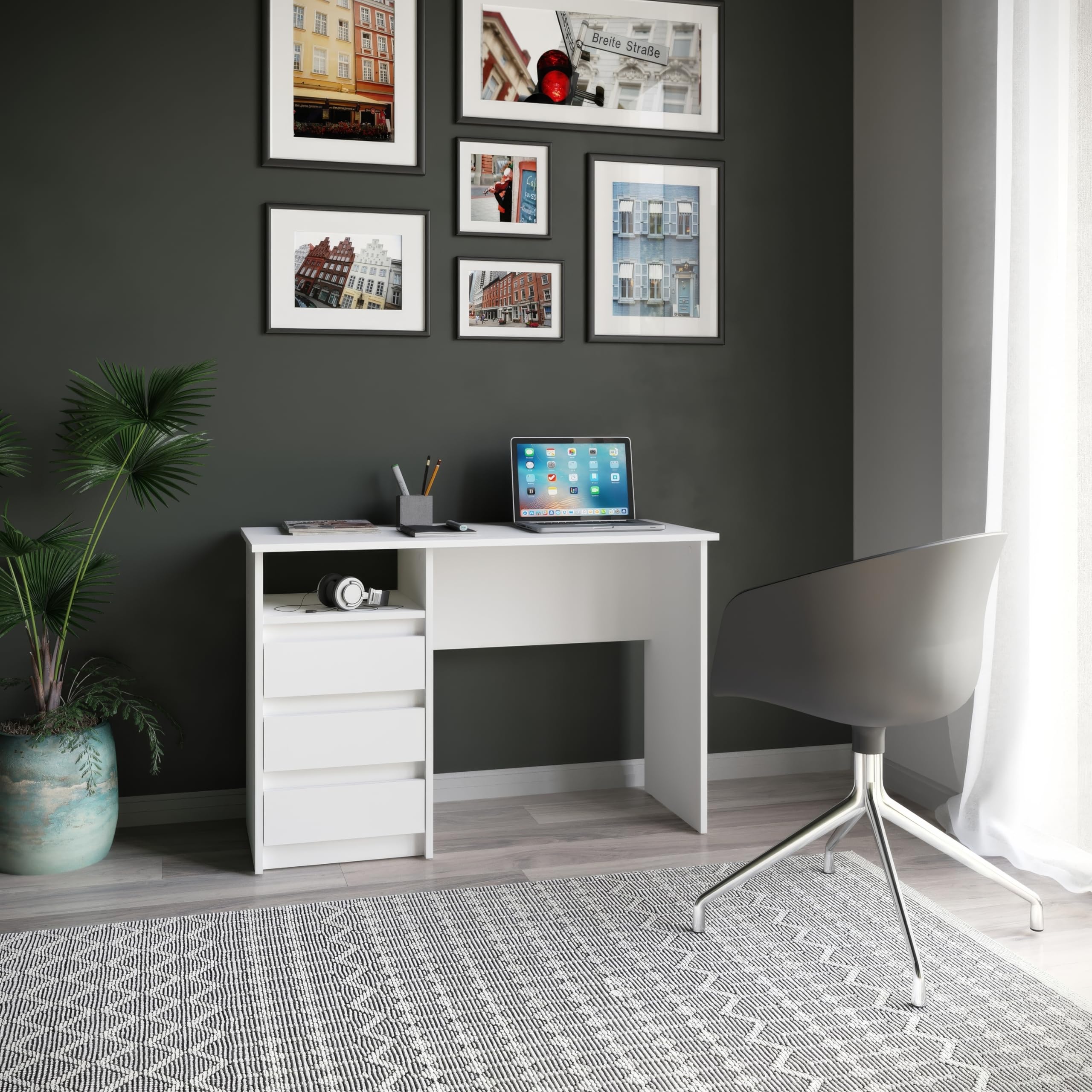 Komto Bureau avec Rangement – Modèle Blanc avec 3 Tiroirs, Idéal pour Chambre Ado ou Espace de Travail, Style Moderne | Oslo 110 x 50 x 74 cm