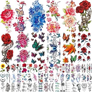 82 Sheets Flowers Temporary Tattoos Stickers, Roses, Butterflies and Multi-Colored Mixed Style Body Art Temporary Tattoos for Women, Girls or Kids