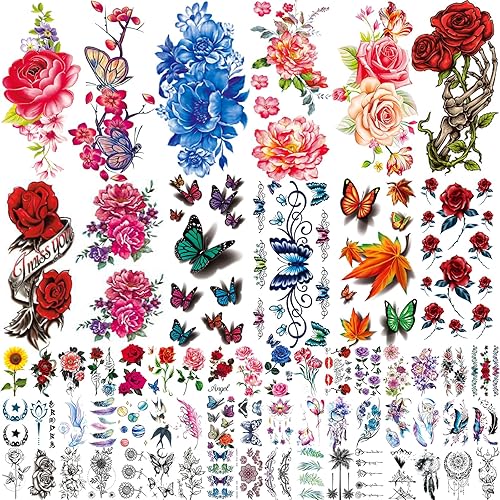 82 hojas de calcomanías de tatuajes temporales de flores, rosas, mariposas y estilo mixto multicolor, arte corporal, tatuajes temporales para
