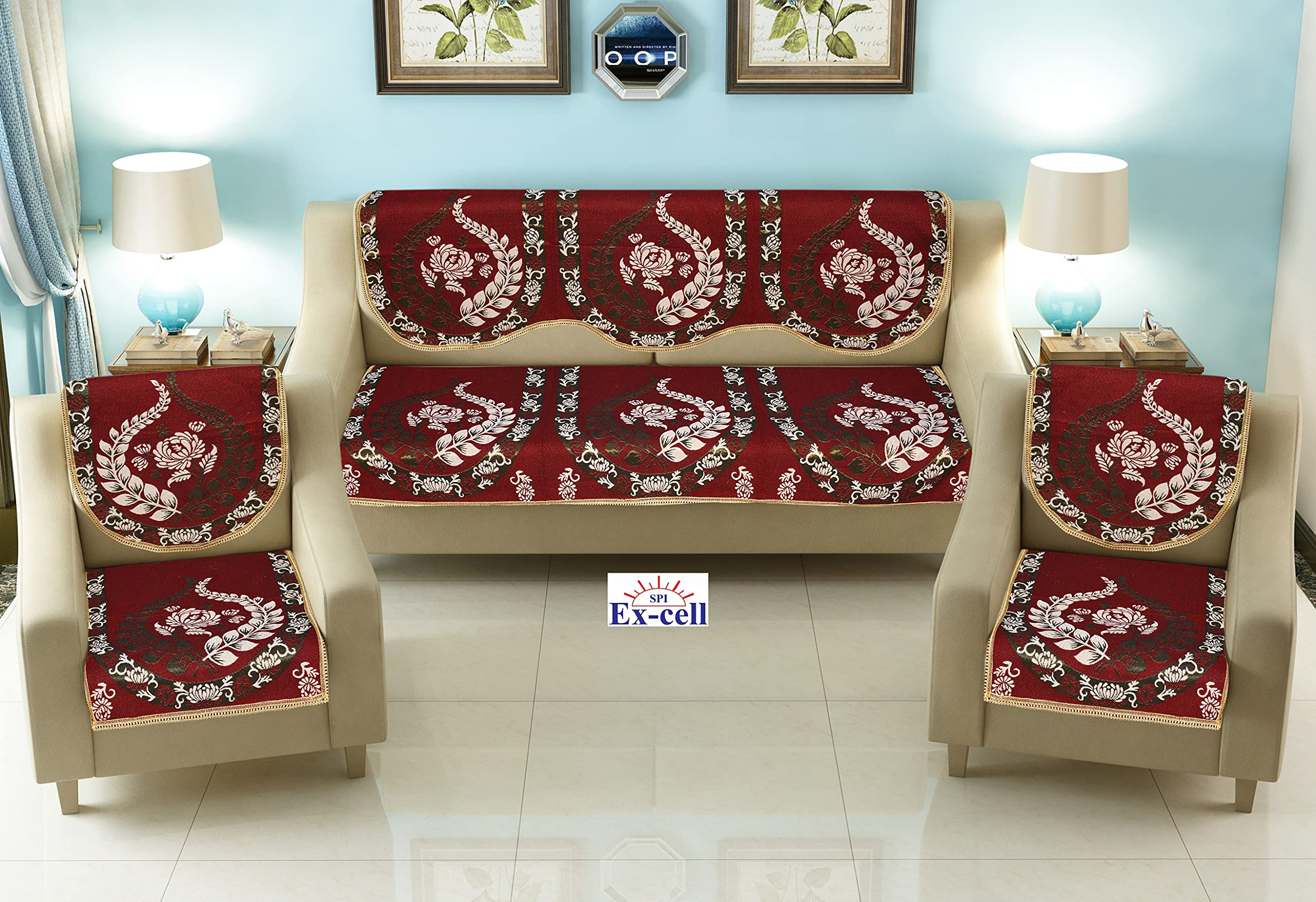 SPIEx-cell Excell loomtex Presents SK_25 Print Print Sofa Cover of Exclusive Royal Look Velvet Sofa Cover Set of Heavy Fabric 500 TC Floral Design 5 Seater Sofa Cover -|| Set of 6 Piece ||-image-48