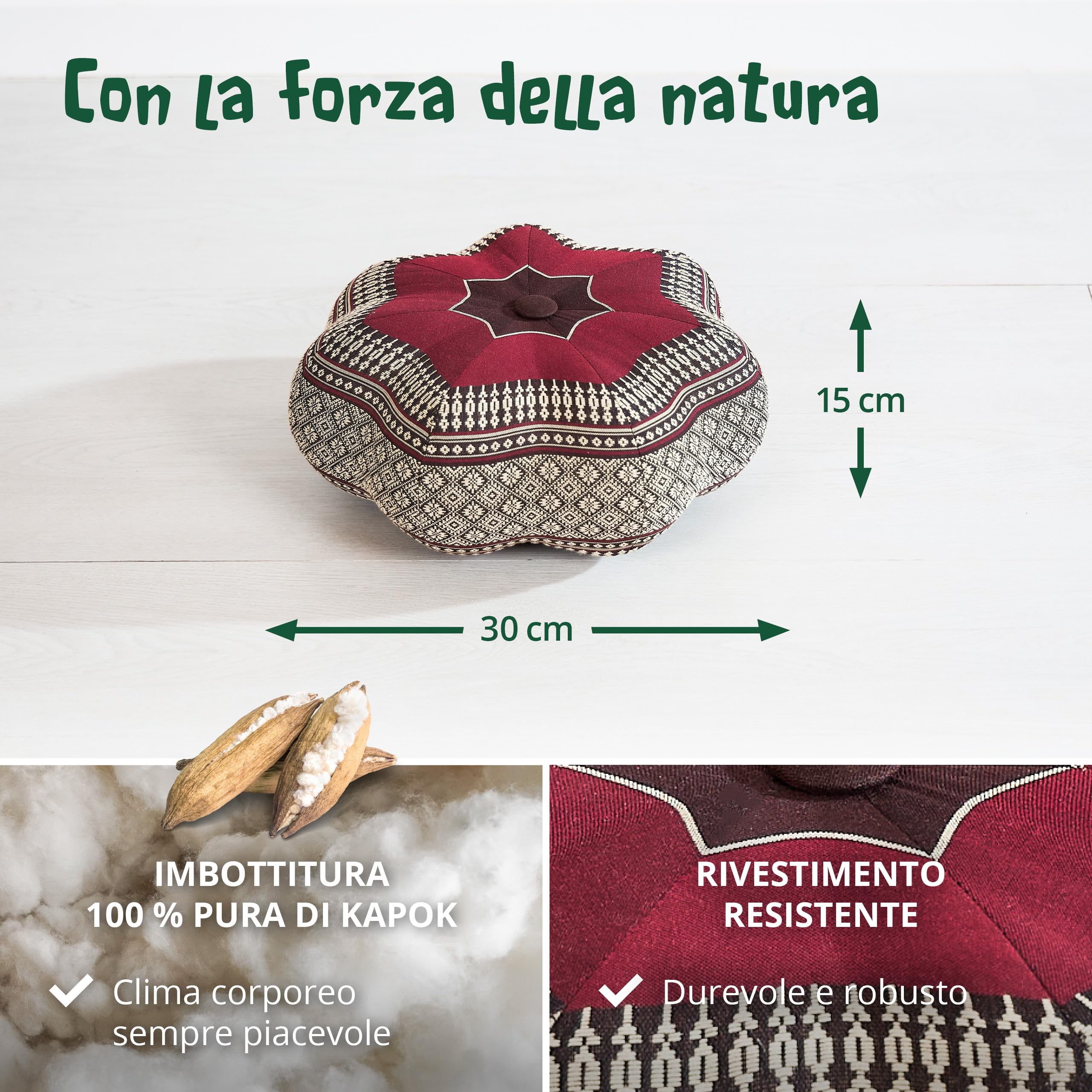 livasia cuscino da meditazione a stella - Ø 30x15cm - cuscino per yoga kapok, pouf, cuscino per pavimento yoga meditazione zen, cuscino zafu giardino balcone, fatto a mano (Bordeaux)