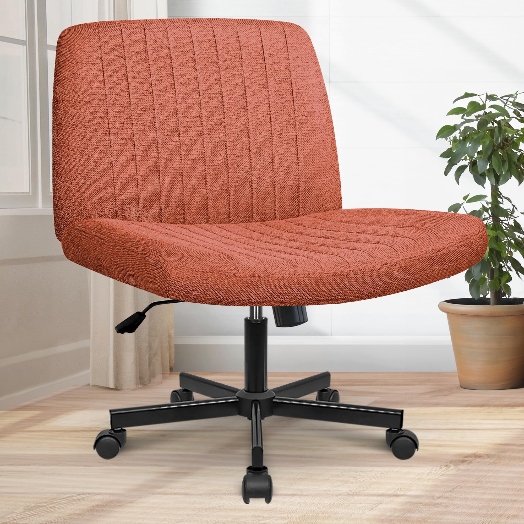 Orange Factory Criss Cross Chair Wheels Wide Cross Legged Office Desk Vanity Chair Comfy Fabric Armless Adjustable Swivel for Home Computer Task (Brown)