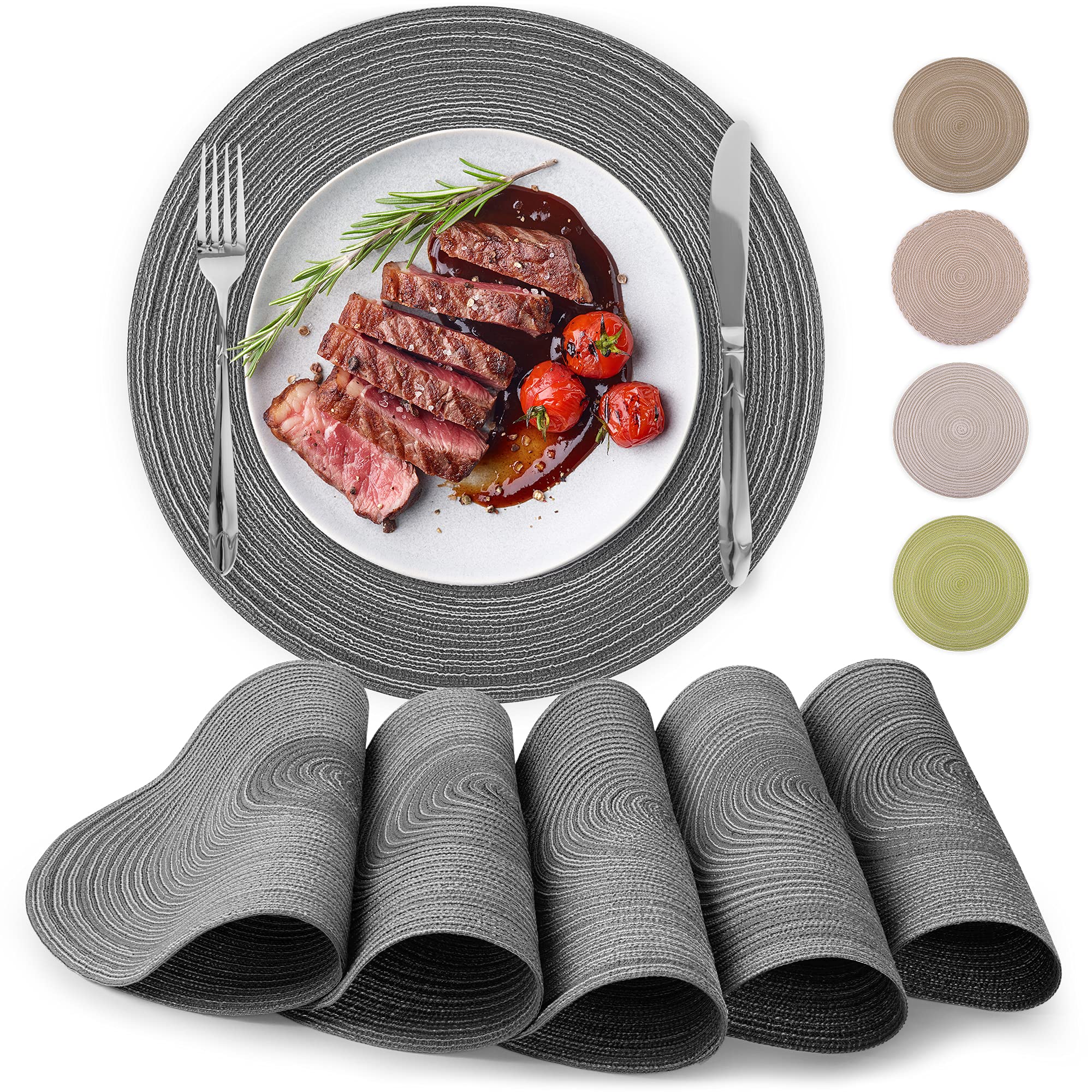 Zulay Kitchen 15 Inch Round Placemats for Dining Table Set of 6 - Braided Round Place Mats & Anti-Skid Placemat - Heat Resistant Round Woven Placemats & Table Mats for Dining (Gray)