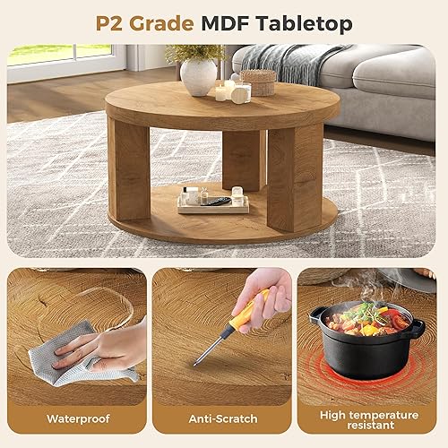 Miniatura 7 de Round Coffee Table, Farmhouse 2-Tier Circle Center Tables with Storage, 31.5" Wooden Coffee Desktop with Annual Ring Pattern, Circular Side Tables