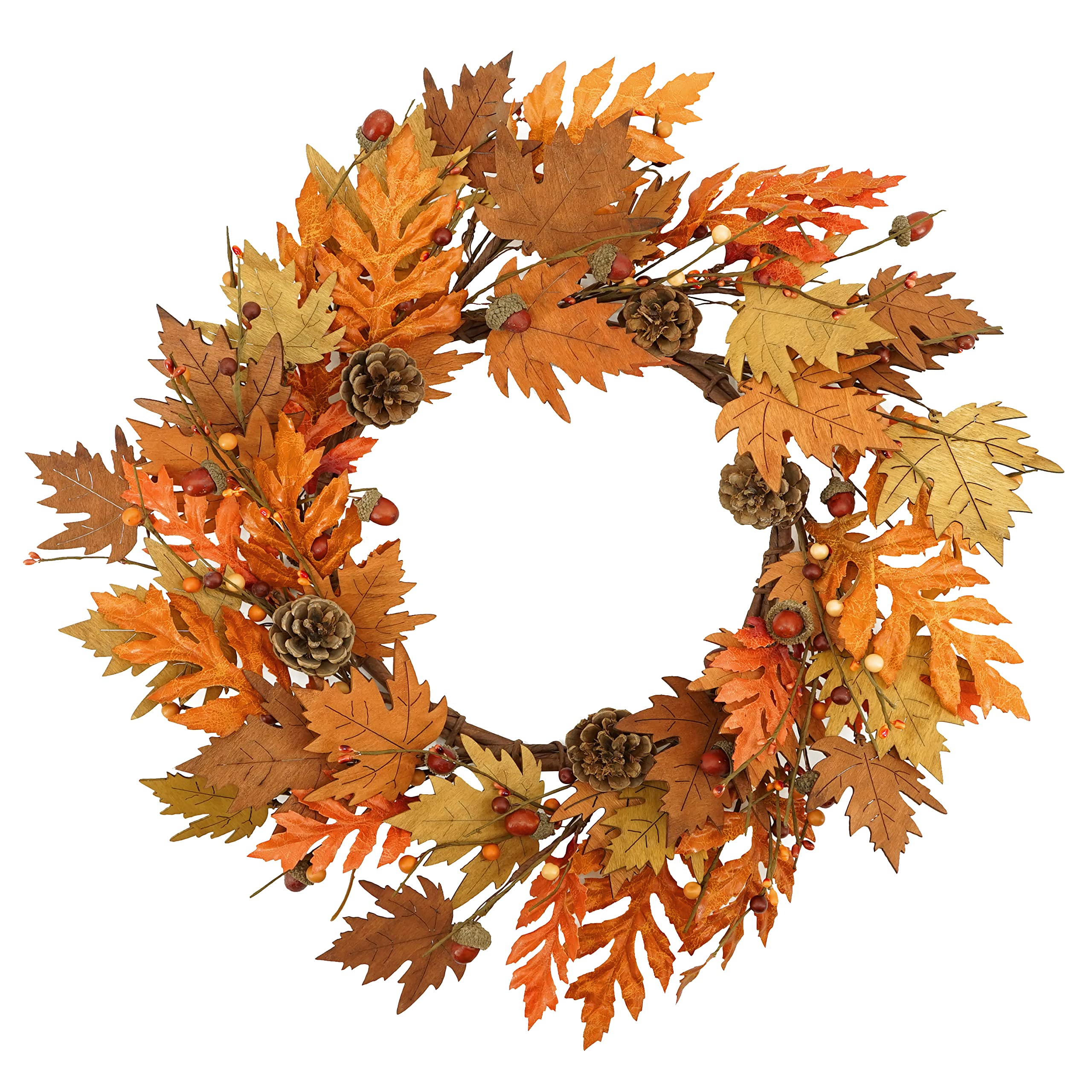 Artificial Fall Wreath Autumn Wreath Thanksgiving Wreath with Wooden Maple Leaves,Bright Oak Leaves,Acorn,Big Pine Cones,Big Berry for Indoor Outdoor Farmhouse Home Wall Window Festival Wedding Decor
