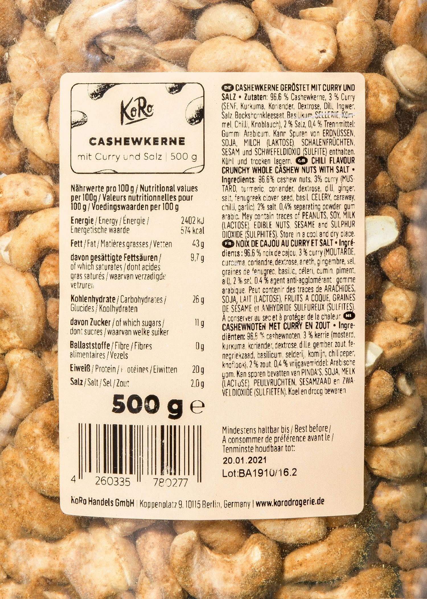KoRo - Anacardi con Curry senza esaltatore di sapidità 500 g - Snack a base di anacardi raffinato con spezie