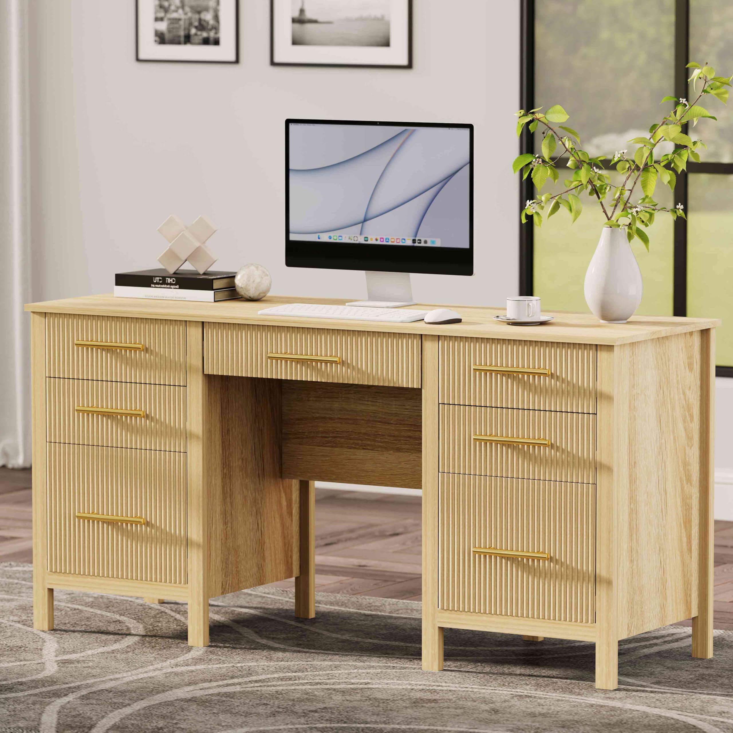 Vrmuxita Modern Executive Desk with Drawers: 60" Oak Home Office Desks with File Drawers, Wood Fluted Computer Writing Desk for Work, Study, and