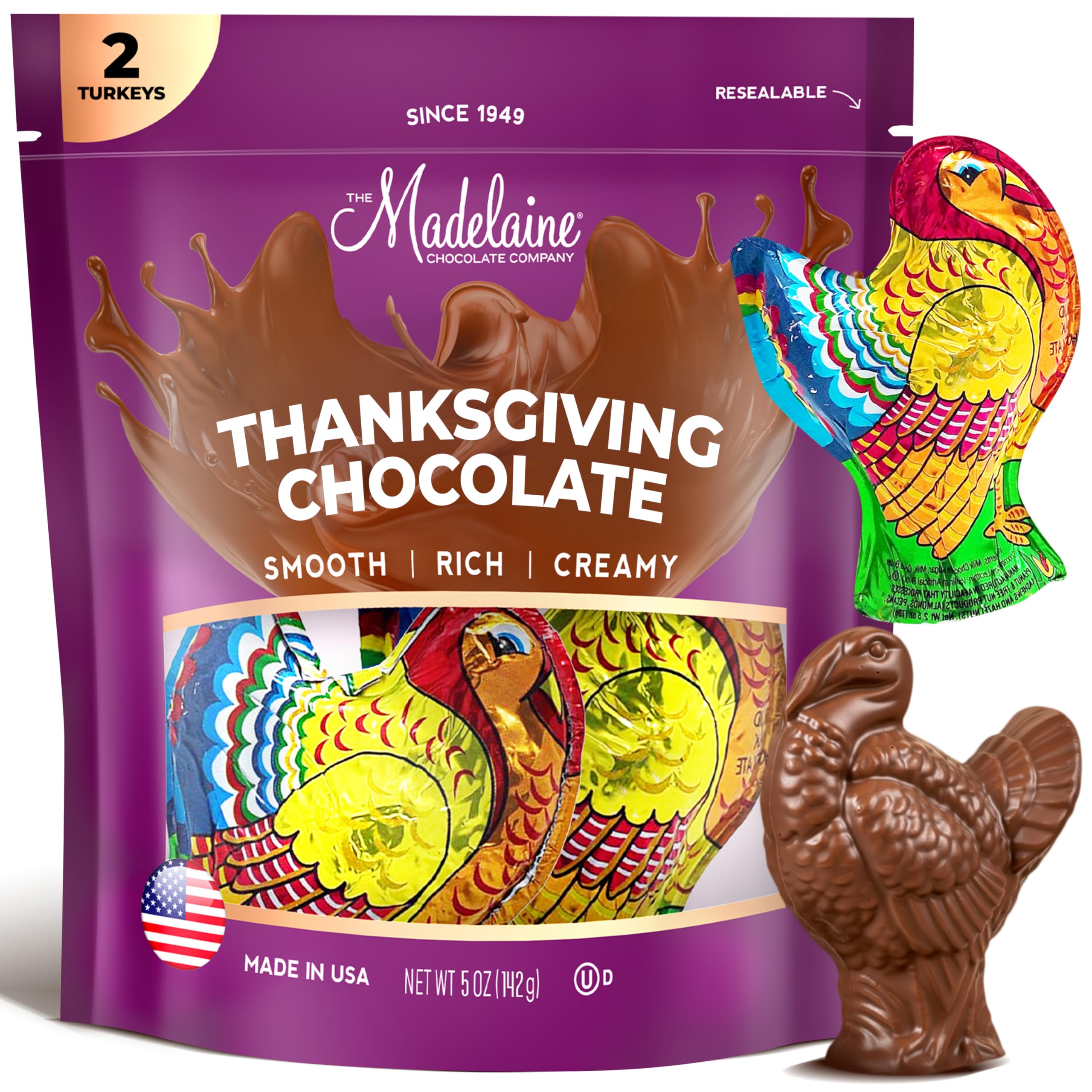 Madelaine Milk Chocolate Turkeys Candy – Solid Foil-Wrapped Thanksgiving Chocolate Treats – Individually Wrapped Turkey Candy – Kosher & Made in USA – 2.5 oz Each – Pack of 2 (Total 5 oz)
