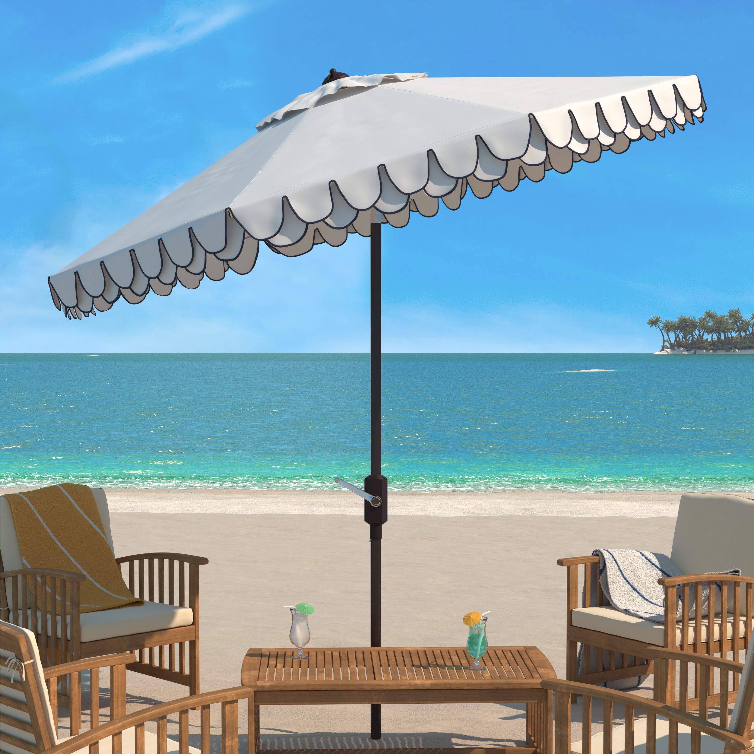 SAFAVIEH Outdoor - Valance 9-Foot Crank Patio Umbrella - Ivory & Navy Canopy - Brown Aluminum Pole - Decorative Petal Valance Trim