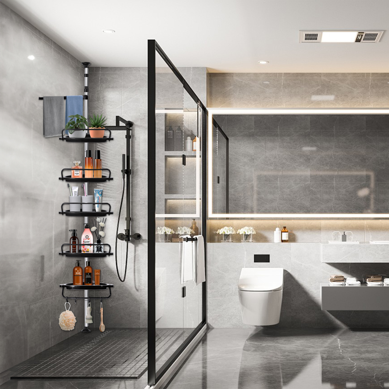 Mensola Doccia Angolare Telescopica | Acciaio Inox | Altezza Regolabile 95-320 Cm | Senza Foratura | Nero - Foto 11