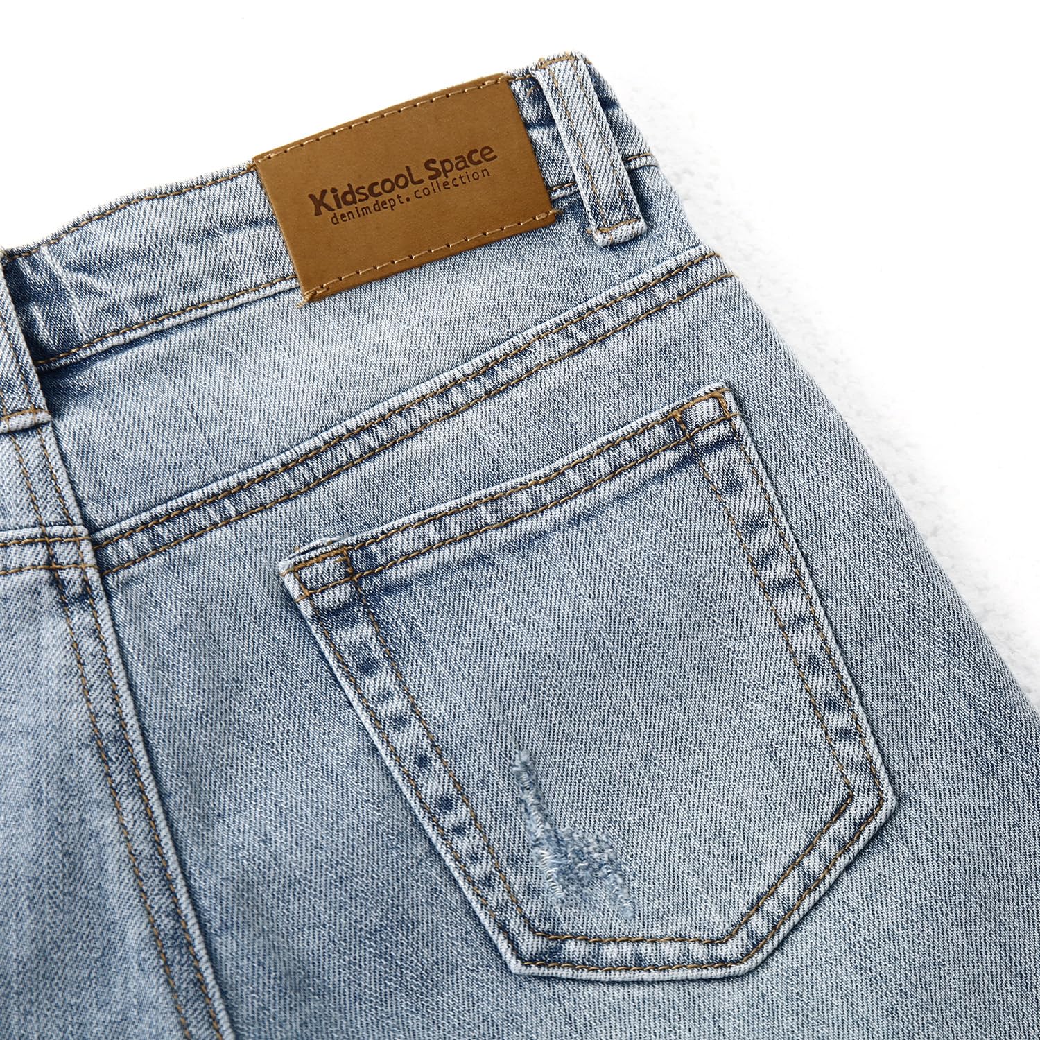 KIDSCOOL SPACE Sommer-Denim-Shorts für Jungen, zerrissene Löcher, weiches Gummiband auf der Innenseite der halben Jeanshose