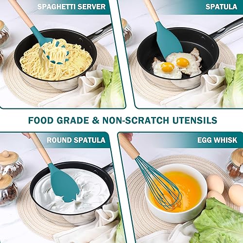 Miniatura 4 de Herogo Juego de 8 utensilios de cocina de silicona antiadherentes, resistentes al calor, de grado alimenticio, con mango de madera, incluye